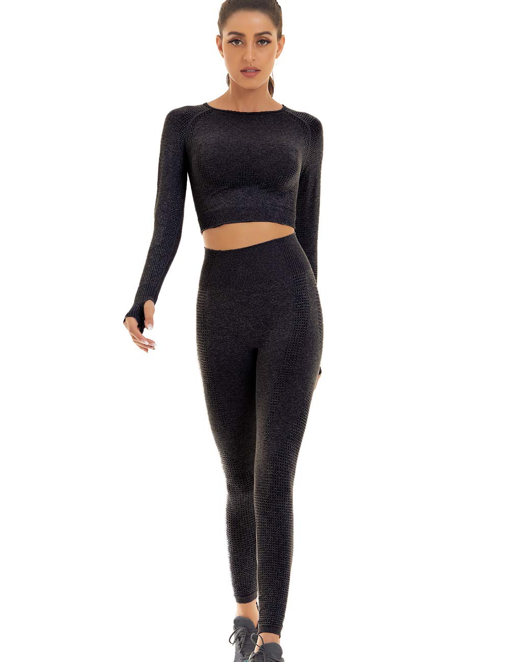 ToplookWomen Seamless Workout Outfits Athletic Set Leggings + Long Sleeve Top