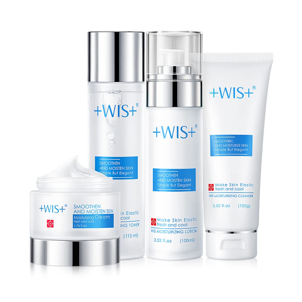 WIS Moisturizing 4-Piece Skin Care Set with Facial Cleanser, Toner, Lotion, Cream for Daily Cleansing Refreshing Skin Beauty Gift for Ladies Anti Aging Skin Care Kit for Women & Men Shipping from USA