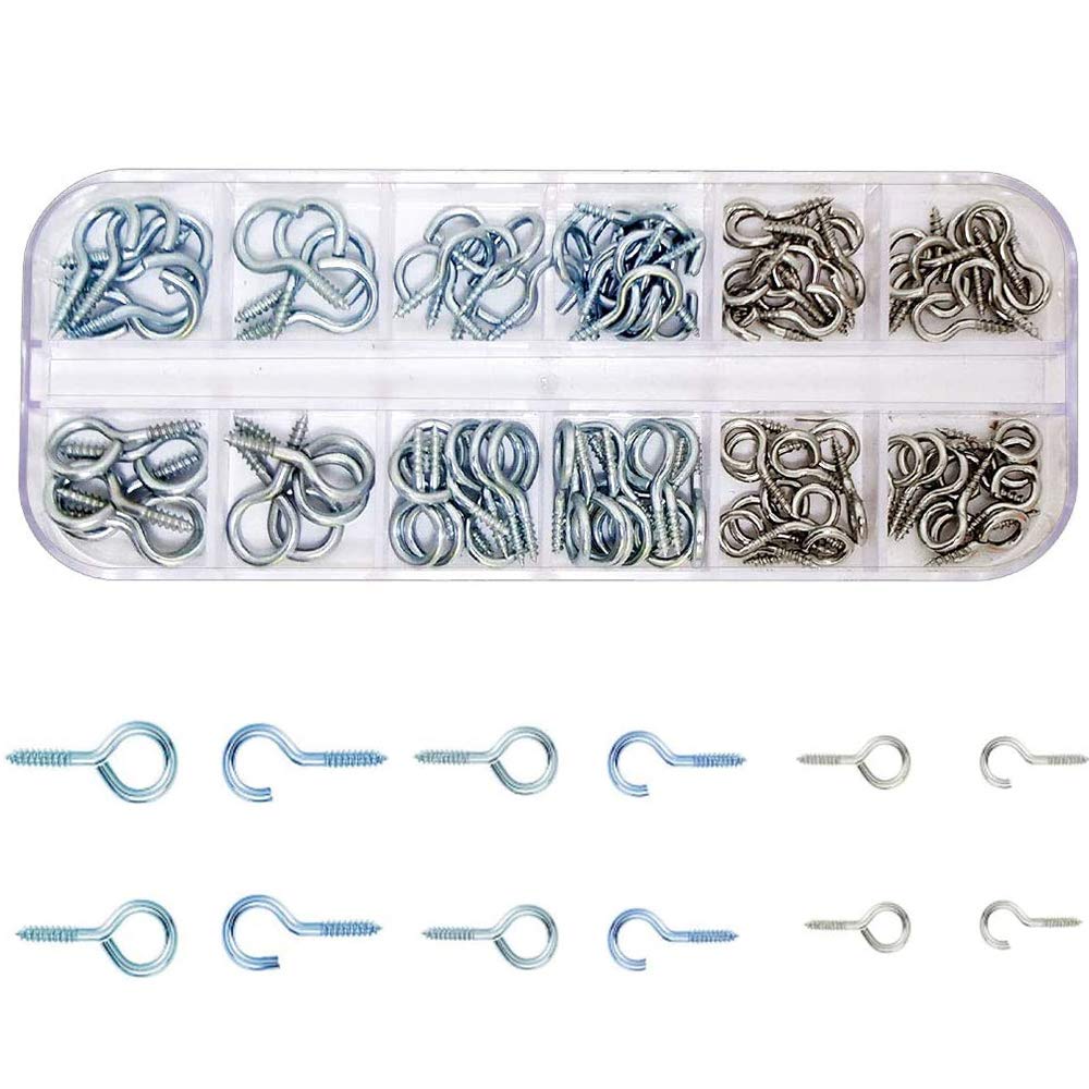 100 Pcs Screw Hooks Mixed Set,Eye Bolts Screw Hooks/Question Mark Hooks/Screw-in Hooks,Zinc-Plated Metal Screw-in Ceiling Hooks for Hanging Small Items,3 Size