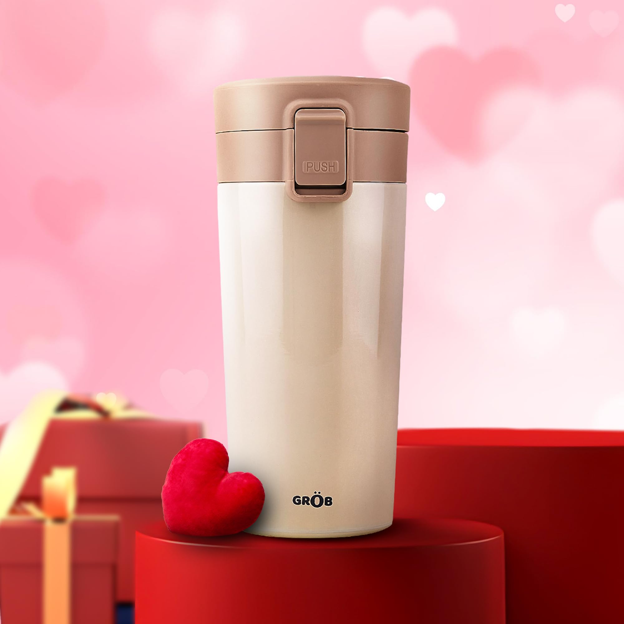 GROB Vacumax Spill Proof Insulated Travel Mug. Double Wall 400ml Thermos Flask| Valentine's Day Gift for Boyfriend, Girlfriend, Husband, Wife- Ivory -Smart Living Product