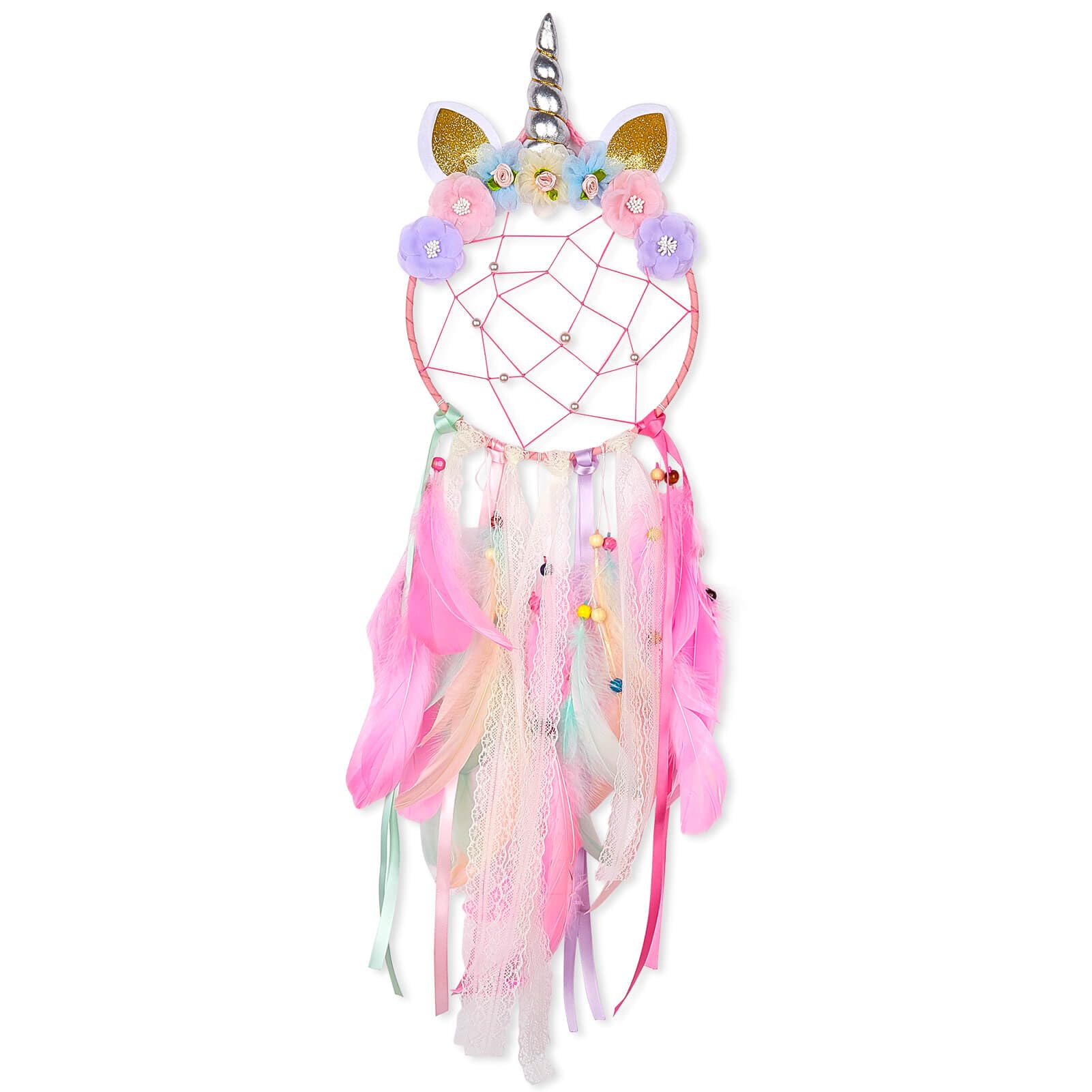 MHJY Unicorn Dream Catcher Girls Large Dreamcatcher Kids Bedroom Accessories Handmade Colorful Featrher Flowers Wall Hanging Decoration Nursery Blessing Birthday Gift