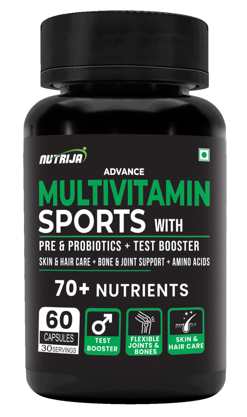 NutriJa Multivitamin Sports with Probiotics, Testosterone Booster- 70 Ingredients & 10 Essential Blends in one Supplement | 100% RDA of A to Z Vitamins & Minerals - (60 Capsules)