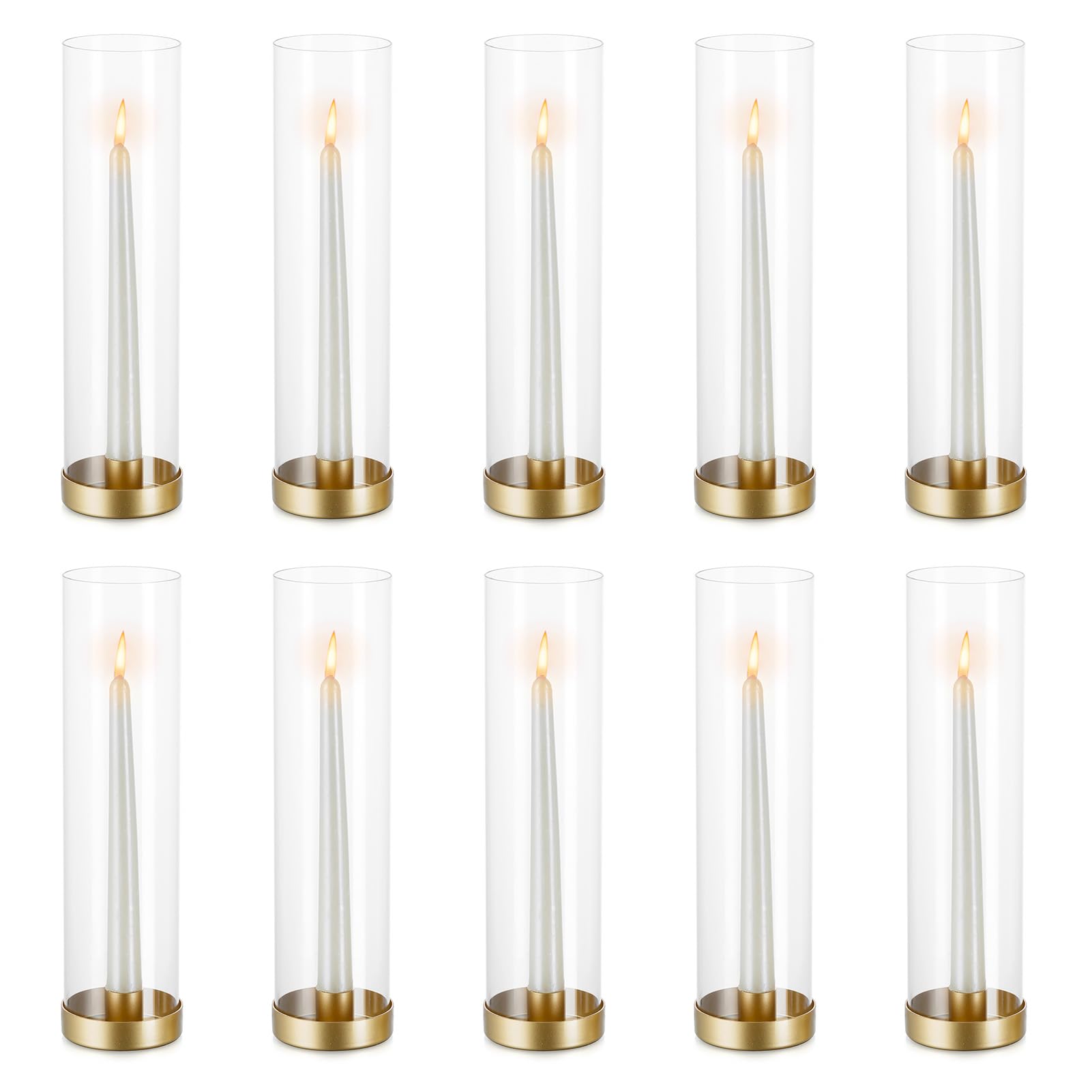 NUPTIO Hurricane Candlestick Glass Gold - 10 Pcs Bulk Taper Candle Holders Candle Stick Stands Pack Metal Clear Tapered Candles Modern for Wedding Centre piece Christmas Table Dinner Fireplace