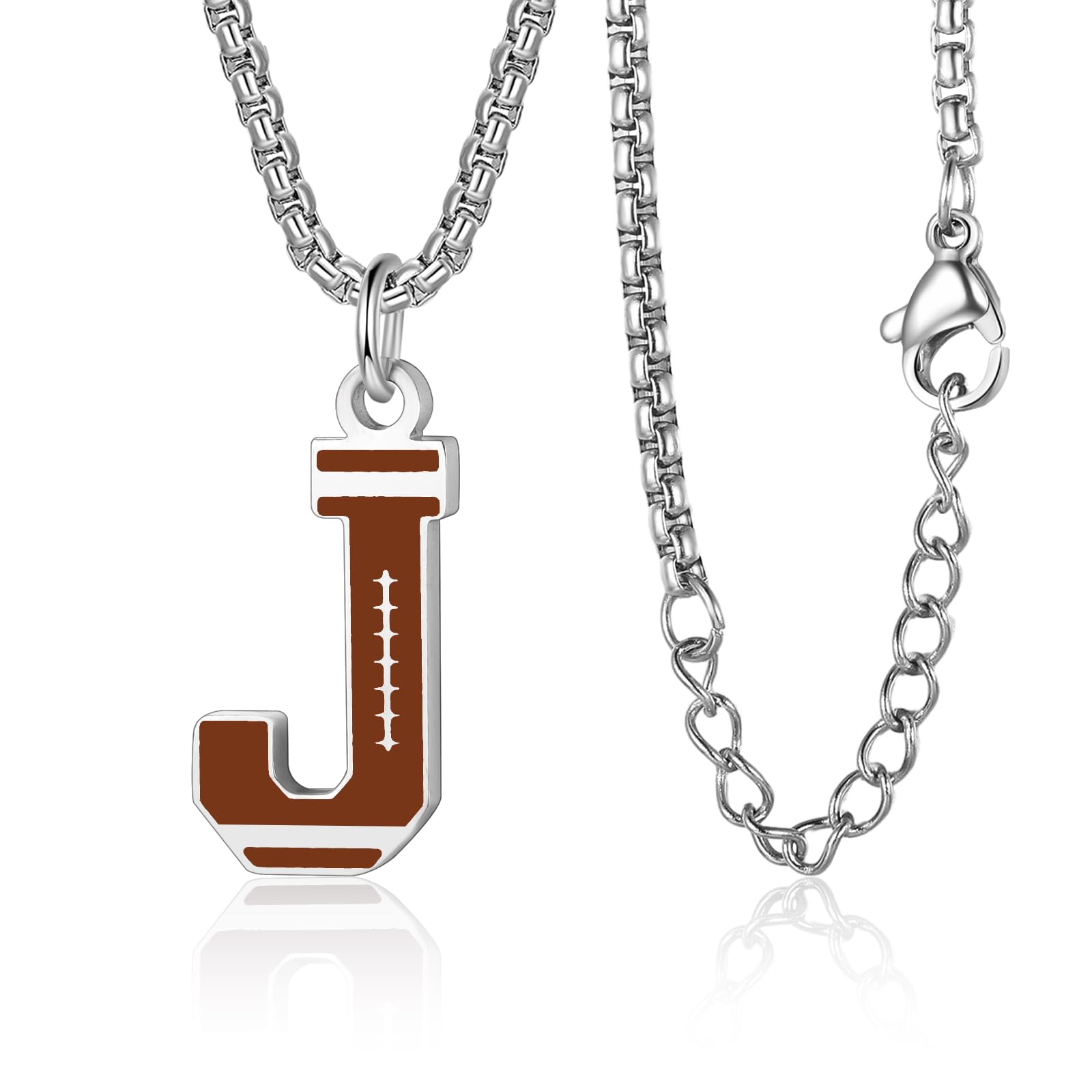 Football Initial A-Z Letter Necklace for Boys Football Charm Pendant Stainless Steel Silver Box Chain 22+2inch Personalized Football Gift for Men Women Girls