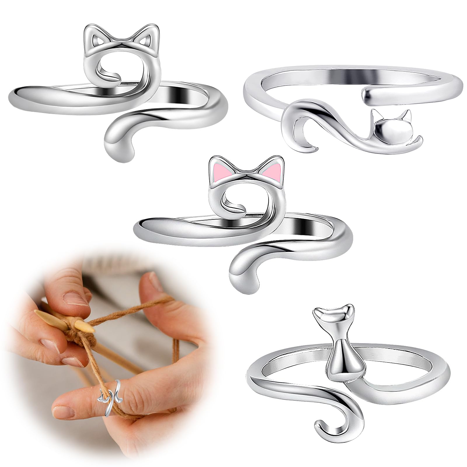 Amaxiu 4 Pieces Cat Pattern Crochet Rings, Adjustable Silver Yarn Ring Knitting Loop Open Finger Ring Guide Finger Holder Thimble Weaving Knit Regulator for Mother Grandma Crocheters Crocheting Decor