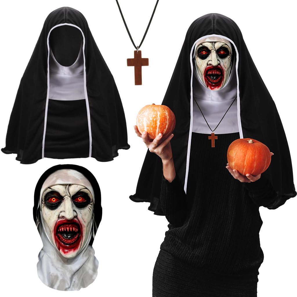 3Pcs Halloween Mask Headgear,Breathable Mesh Full Head Face Mask Creepiest Halloween Headwear Costume with Cross Necklace Cape for Cosplay Demon Gothic Supernatural horror Halloween Party Carnival