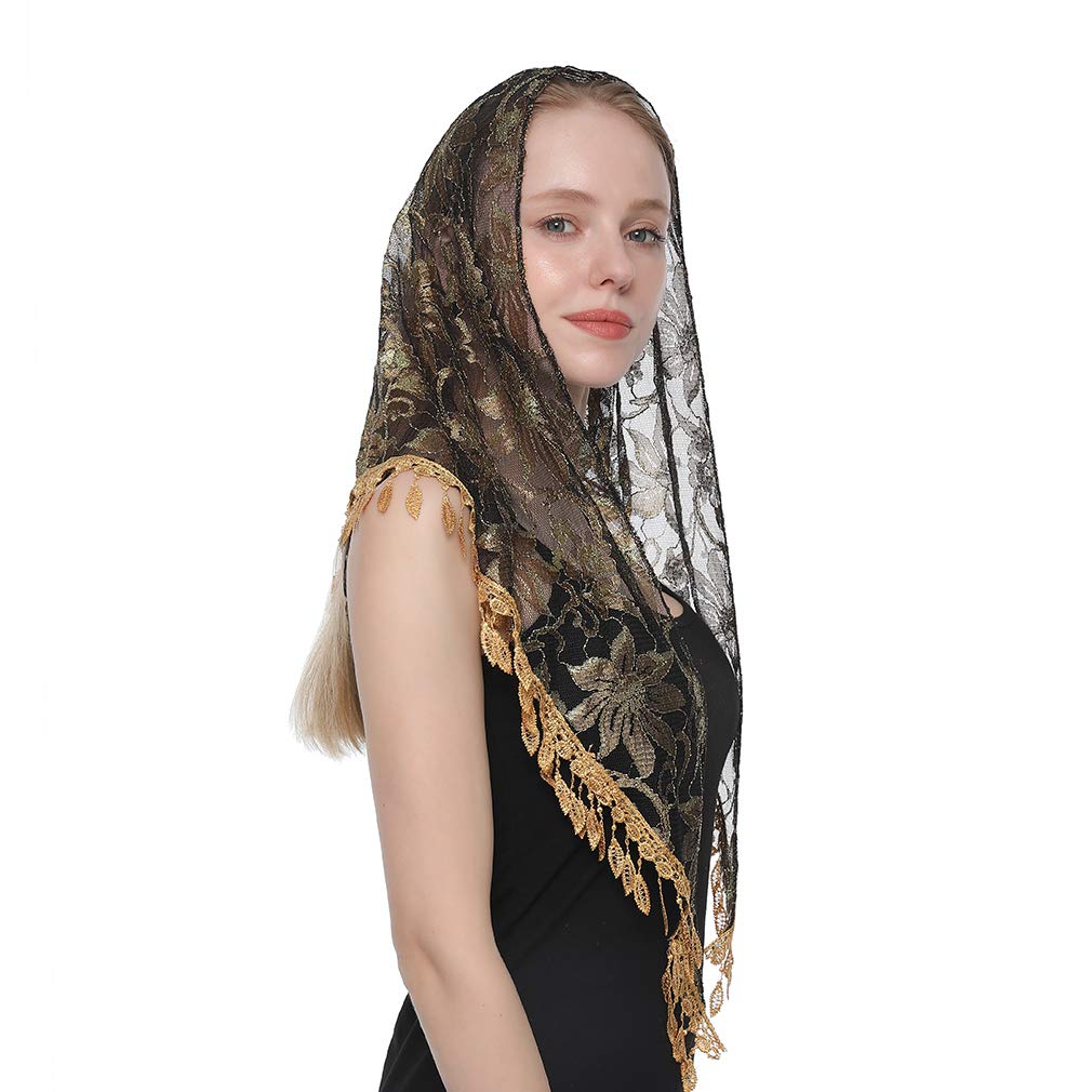 YeieeoTriangle Lace Shawl Mantilla Head Covering Lightweight Tassel Scarf Chapel Veils Catholic (Black)