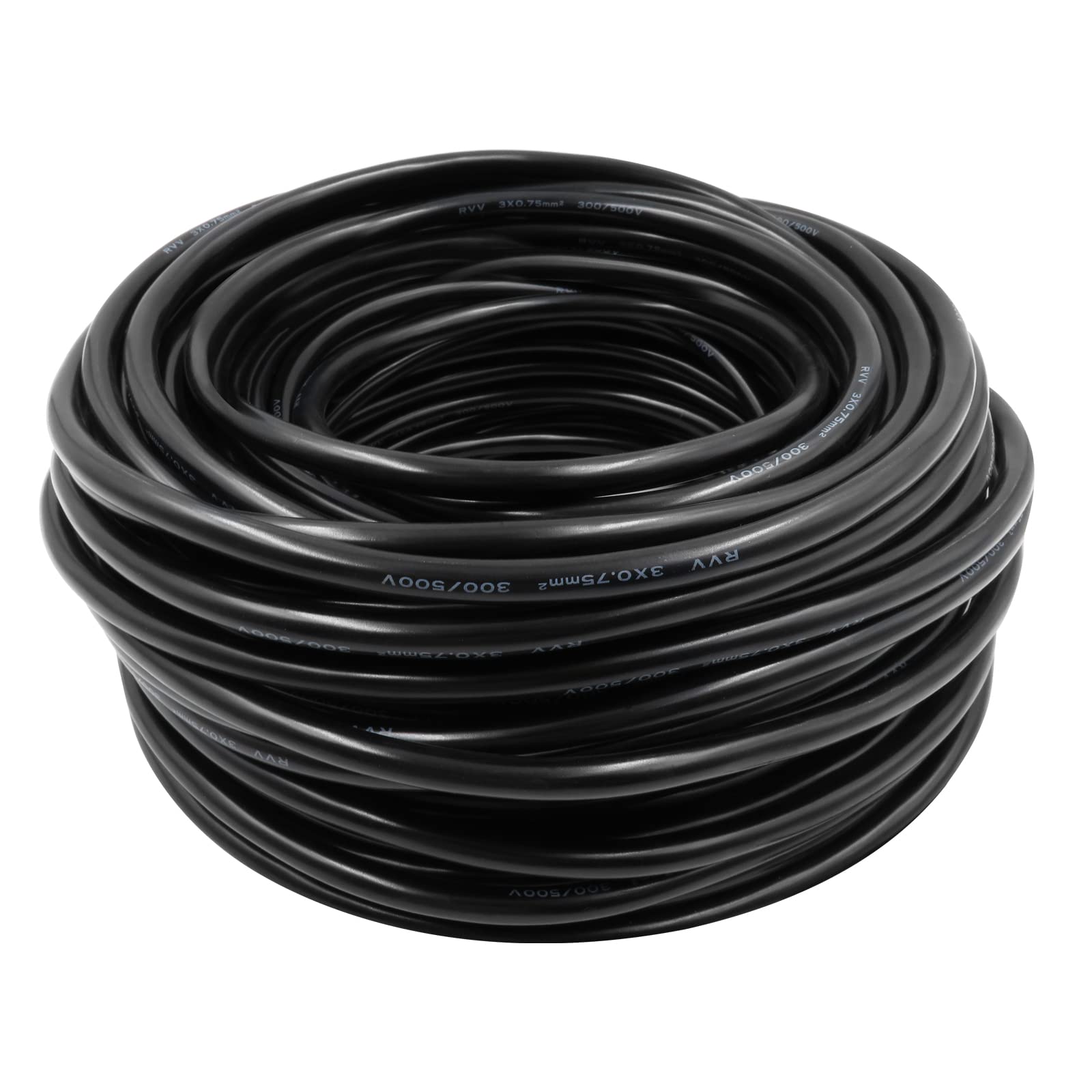 RVV Wire Cable Extension Cord Copper Wire 3 Conductor 075mm² Electric Cores 100ft Length Black (100ft 3core Blackwire) (100ft)