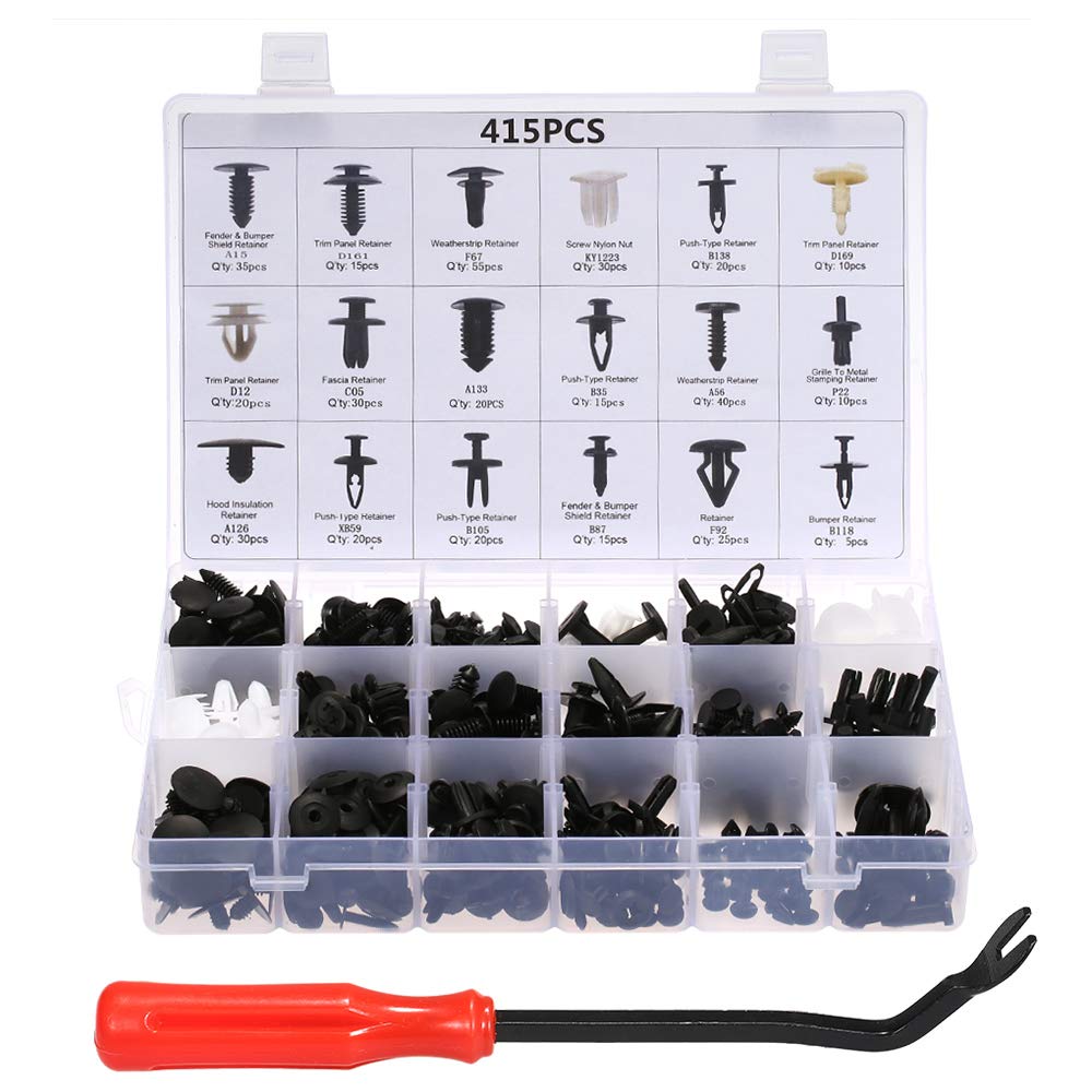 Sulfar Car Retainer Clips & Plastic Fasteners Kit Auto Fastener Clips With Clips Removal Tool 415Pcs 18 Sizes Car Push Pin Rivet Trim Clips Panel Moulding Car Accessories