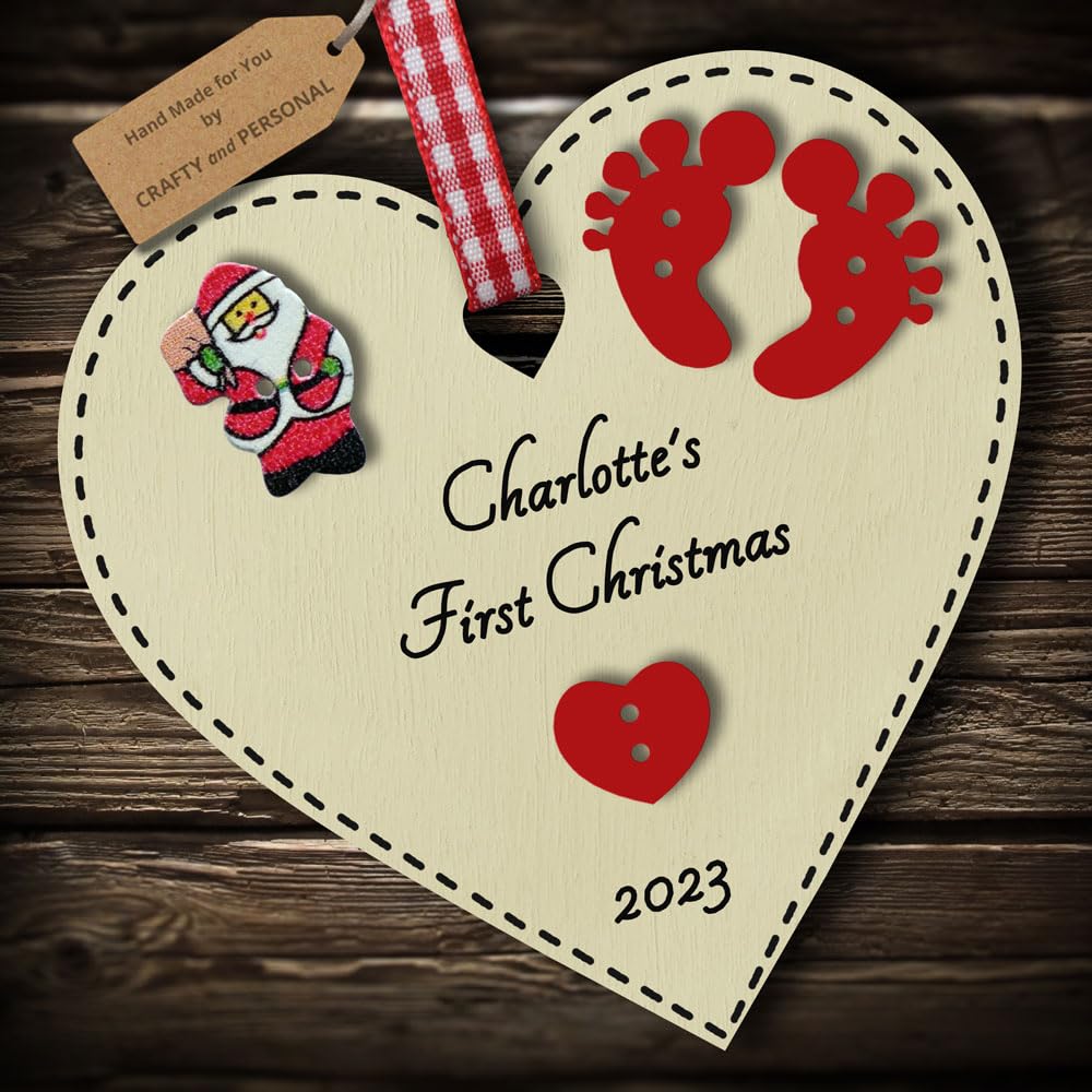 Multi-Colour Personalised Baby's First 1st Christmas Bauble tree decoration wooden heart hanging ornament keepsake gift for boy or girl (Ivory #1)