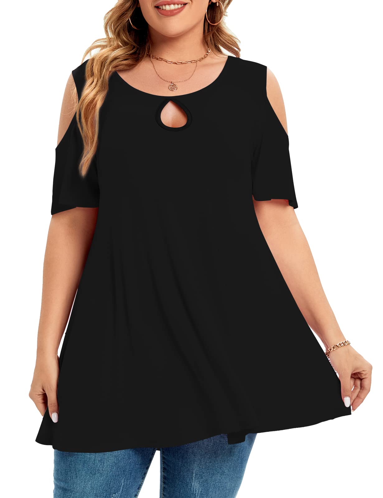 MONNUROPlus Size Cold Shoulder Tops For Women Sexy Ruffle Short Sleeve Tunic