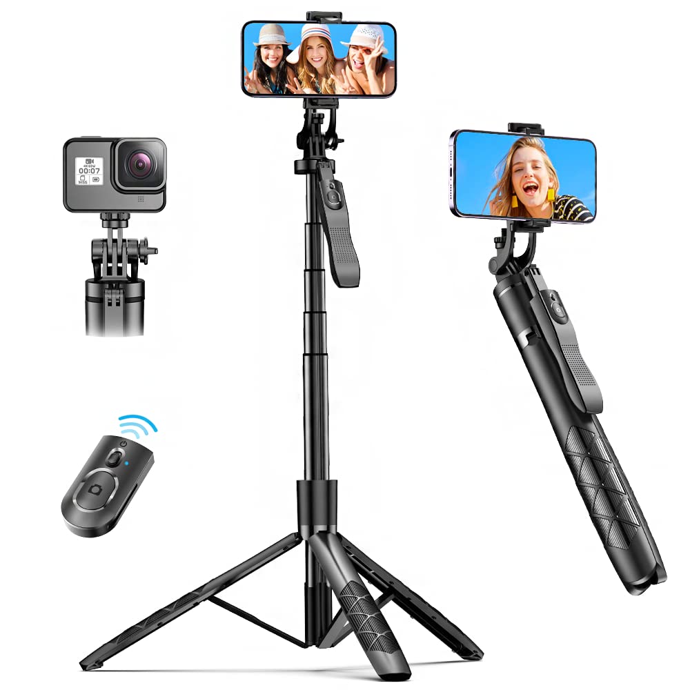 61" Selfie Stick Tripod, All in One Extendable Phone Tripod Stand with Wireless Remote 360° Rotation for iPhone and Android Phone Selfies, Video Recording, Vlogging, Live Streaming, Aluminum