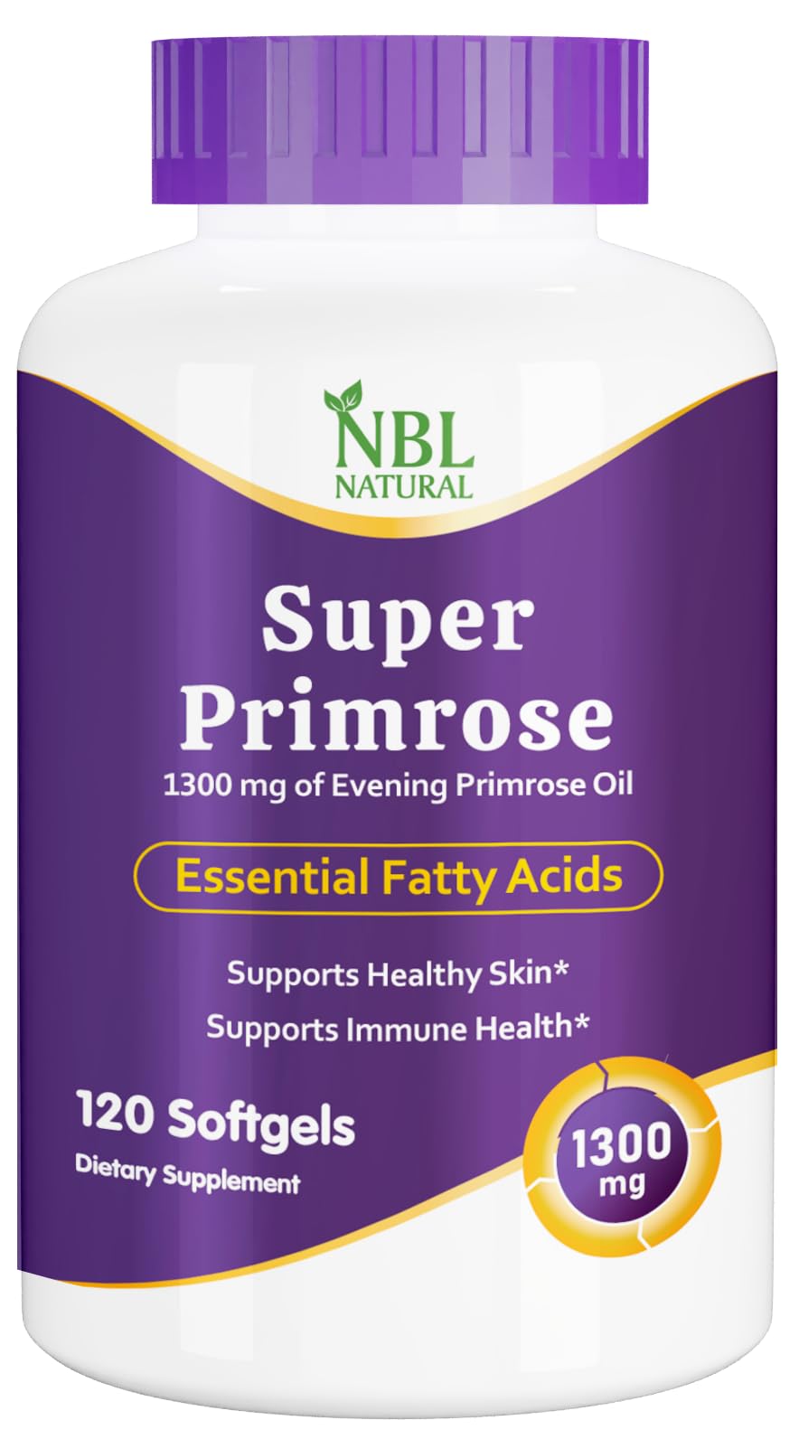 NBL Natural, Super Primrose 1300 mg with Naturally Occurring GLA (Gamma-Linolenic Acid), Women’s Health & Skin Health, 120 Softgels