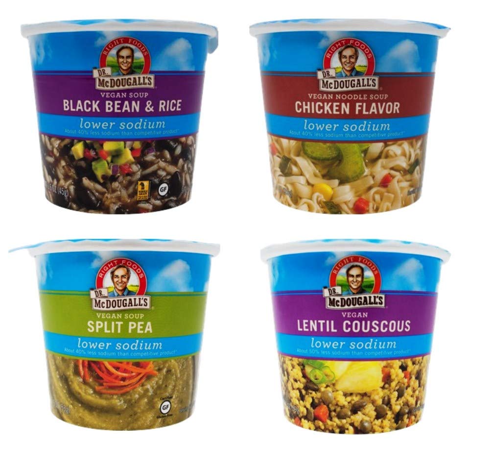 Dr. McDougall's Lower Sodium Soup Cups 4 Flavor Variety Bundle, 1 Ea: Chicken Noodle, Black Bean & Rice, Split Pea, Lentil Couscous