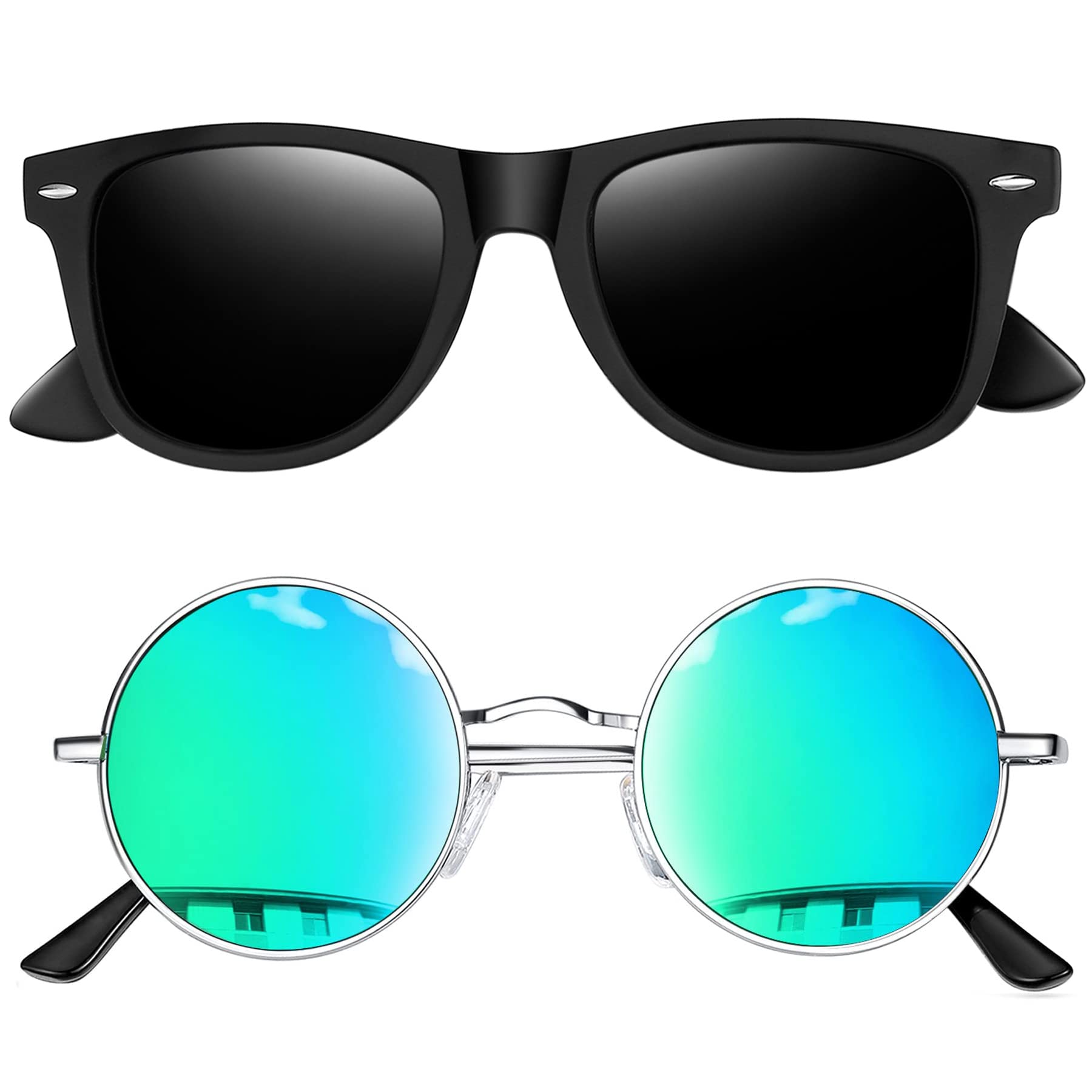 Joopin Glasses, Unisex Polarized Sunglasses, Black Square Sunglasses & Mirrored Green Round Glasses