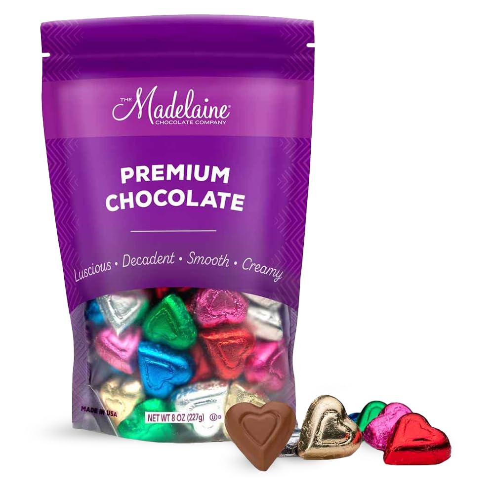 Madelaine Chocolate Company Solid Premium Milk Chocolate Mini Hearts - American-Made, Swiss-Formulated - Individually Wrapped in Rainbow Foil, 8oz