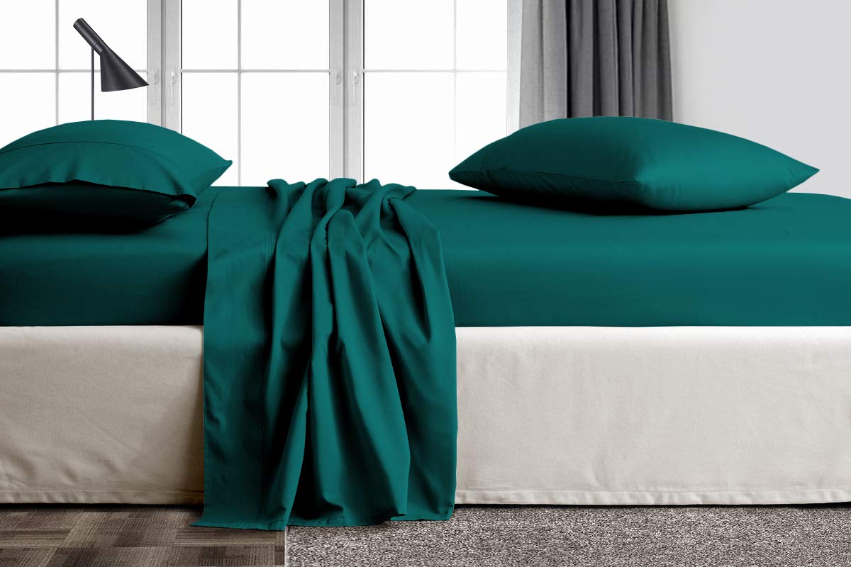 Double Size Bed Sheets 1 Flat Sheet 2 Pillow Cover Luxury Soft 1000 Thread Count Egyptian Cotton Bedding Teal Solid Durable & Breathable in All Season