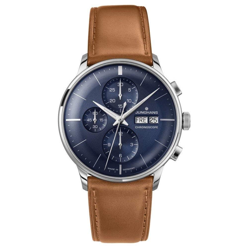 Junghans Meister Chronoscope Mens Day Date Automatic Chronograph Watch - 40mm Analog Blue Face with Luminous Hands - Stainless Steel Brown Leather Band Luxury Watch Made in Germany 027/4526.01