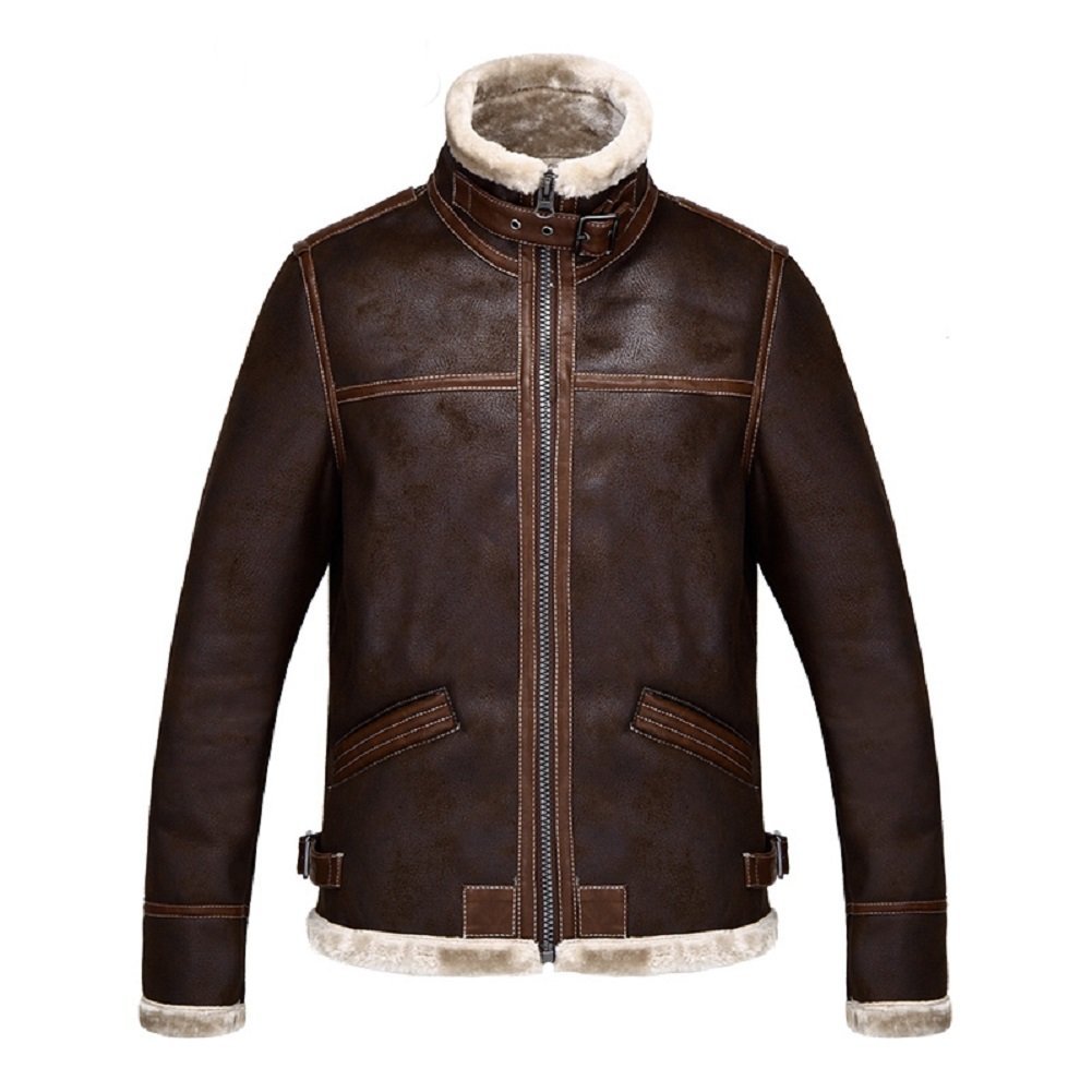 SHOWADAY Men's Stand Collar Brown PU Leather Jacket Coat Outerwear