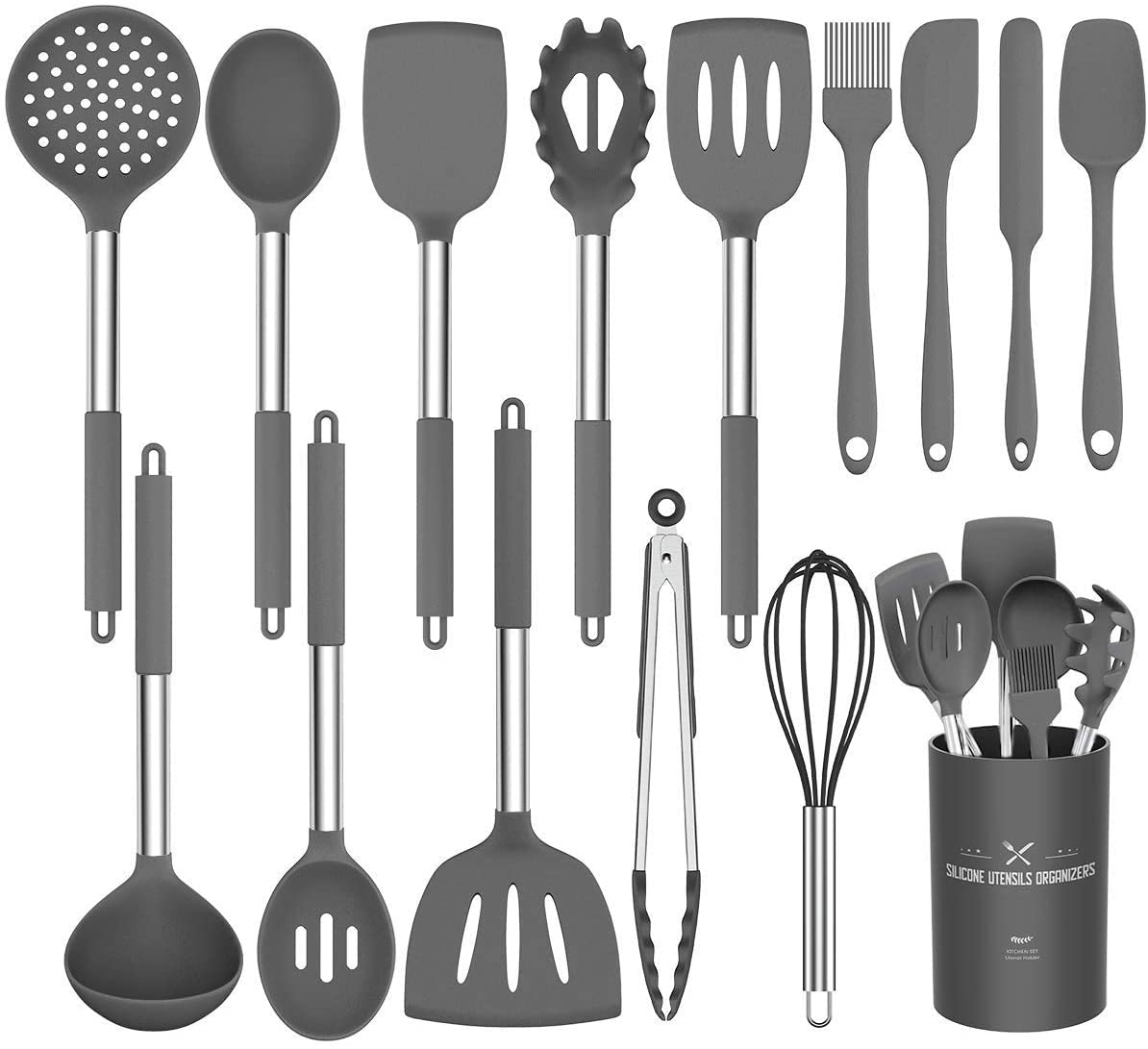 Umite Chef Kitchen Utensil Set, 15pcs Silicone Cooking Kitchen Utensils Set, Cooking Tools Turner Tongs Spatula Spoon for Nonstick Heat Resistant Cookware - (Grey)