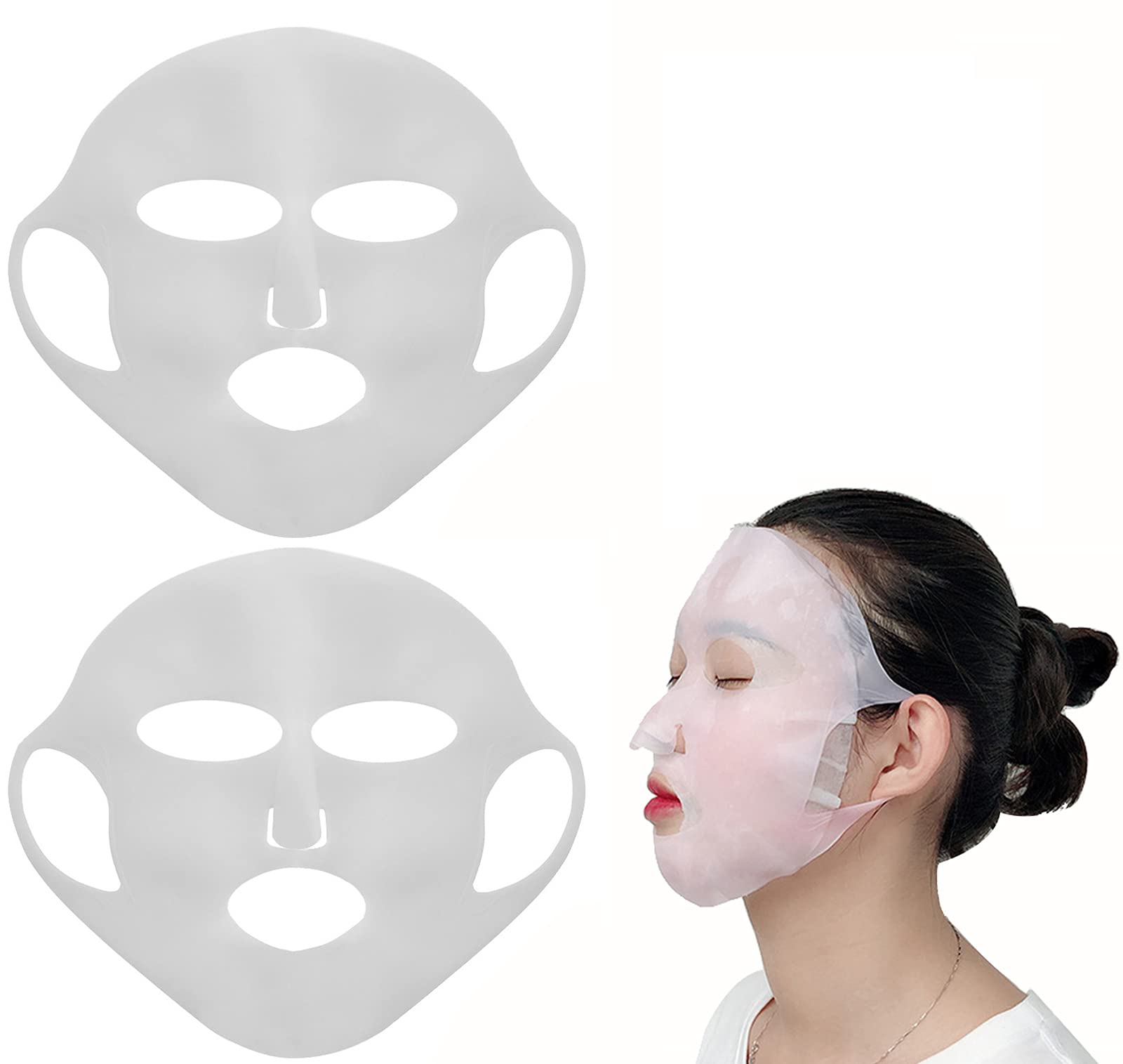 Angzhili 2 Pack Silicone Moisturizing Mask for Sheet Mask,Reusable Facial Mask Cover with Hook,Sheet Mask Cover for Slow Down the Evaporation of Mask Essence,Face Care Tool (White)