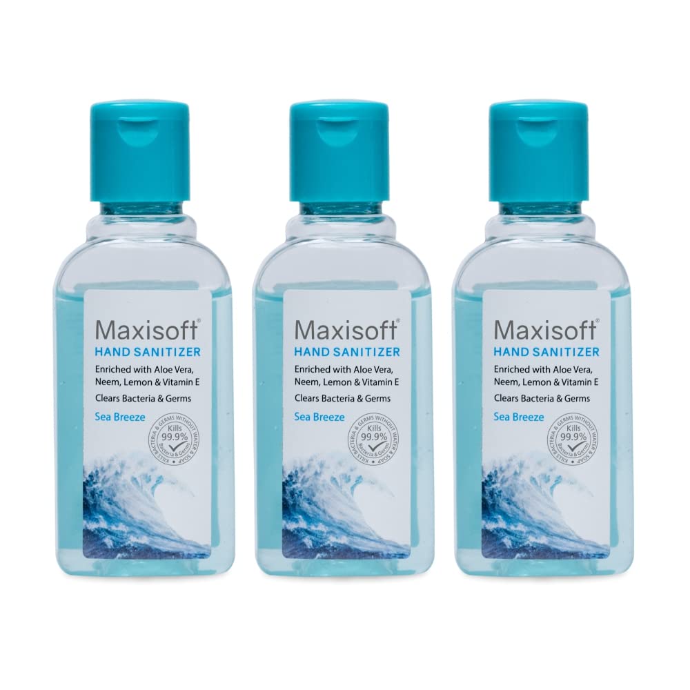 Maxisoft Hand Sanitizer Gel (Sea Breeze) |(60 ml - Pack Of 3)|With Aloe Vera, Lemon, Neem, Vitamin E & Glycerine | Paraben Free | Formaldehyde Free | Gentle on skin, tough on germs(60ml - Pack Of 3)