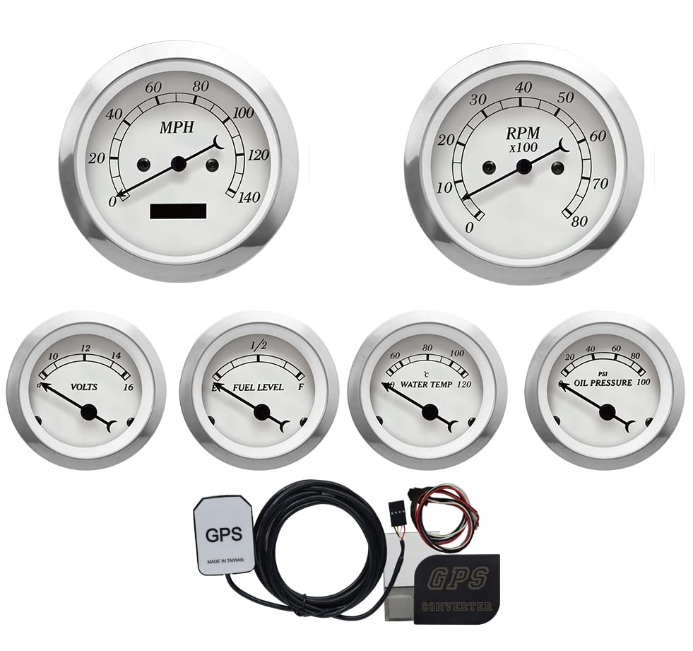 MOTOR METER RACING Classic/Vintage GPS 6 Gauge Set - 3-3/8" 85mm Electrical Speedometer & Tachometer - 2-1/16" 52mm Voltage, Fuel Level, Water Temperature & Oil Pressure - White Dial Black Needle