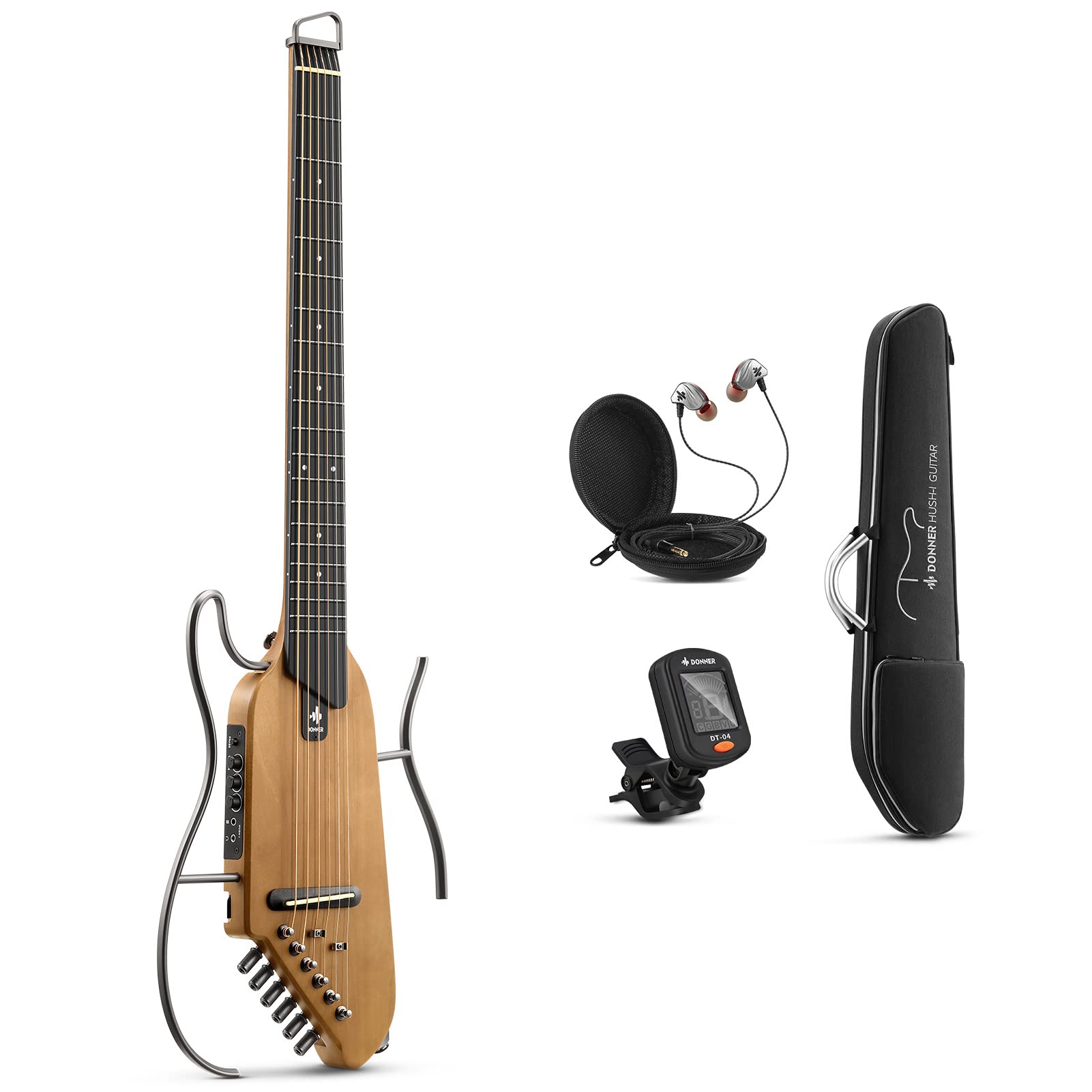 Donner HUSH-I Guitar For Travel - Portable Ultra-Light and Quiet Performance Headless Acoustic-Electric Guitar, Maple Body with Removable Frames, Gig Bag, and Accessories