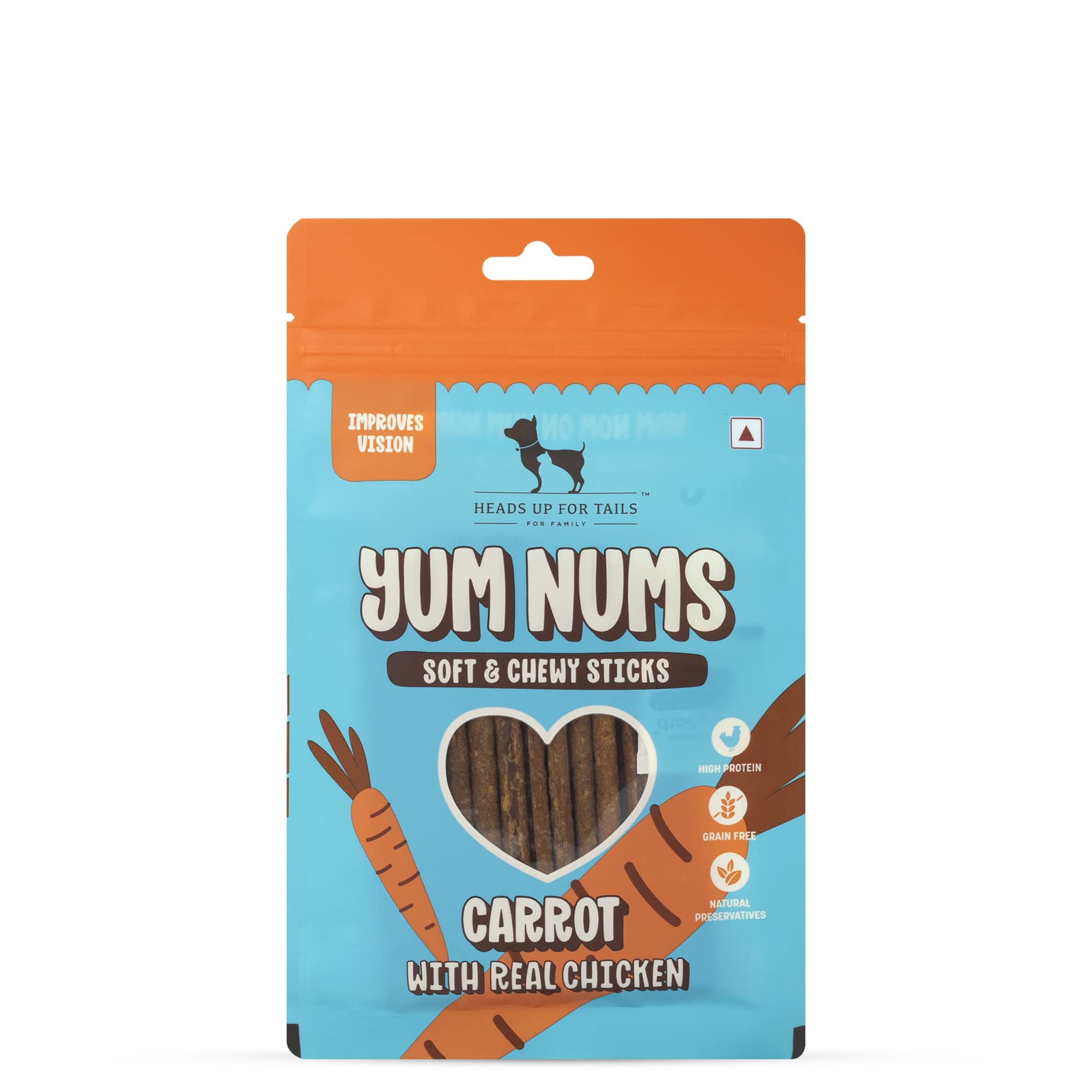 Heads Up For Tails Yum Nums Soft & Chewy Sticks Carrot with Real Chicken Treat for Dogs|High in Proteins|Gluten & Grain Free|Salt & Sugar Free|No Artificial Colours|Farm-Fresh - 75gm,All life stages