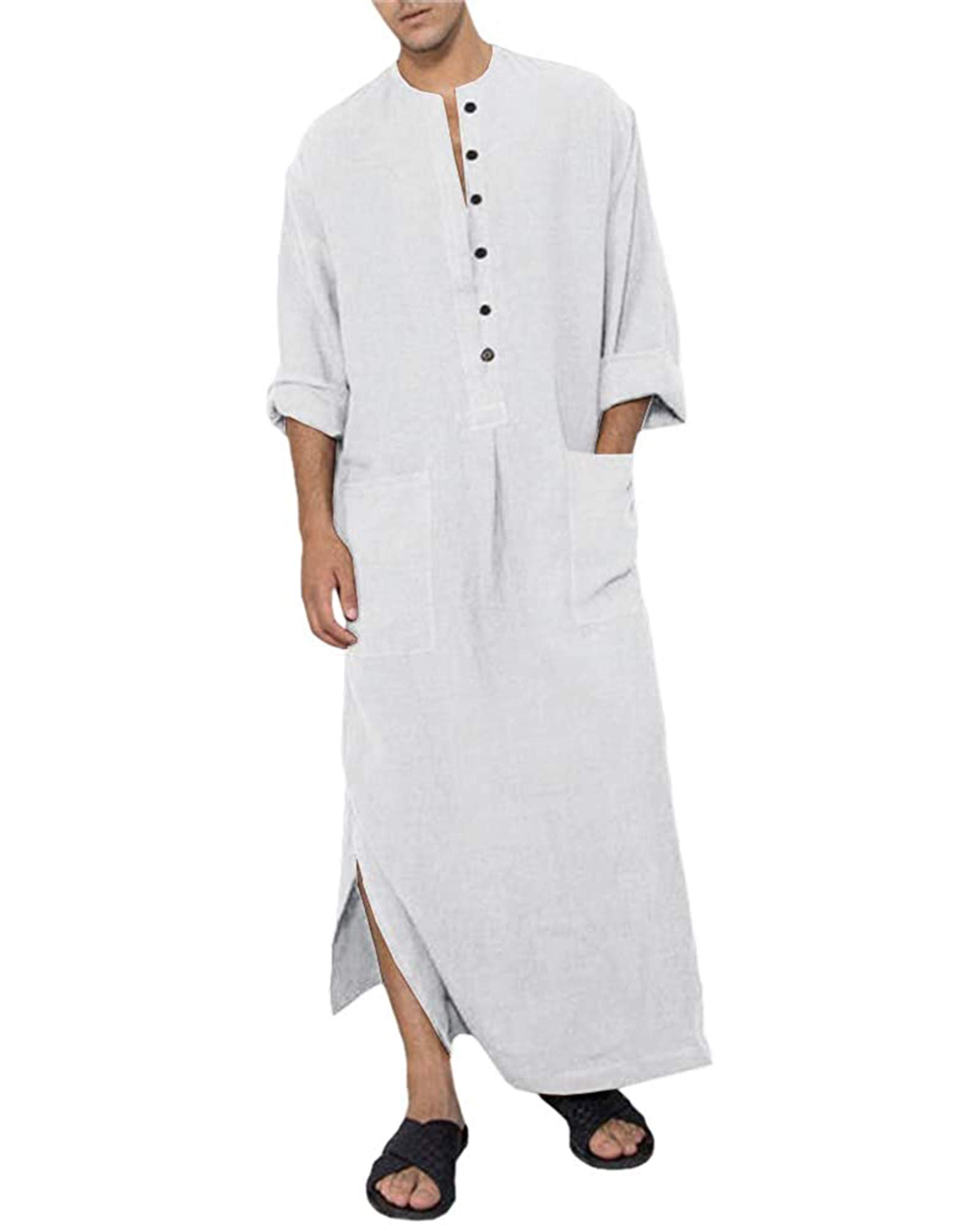 JacansiMen's Button up Cotton Robe Long Sleeve Kaftan Thobe Long Gown Casual Shirt for Beach