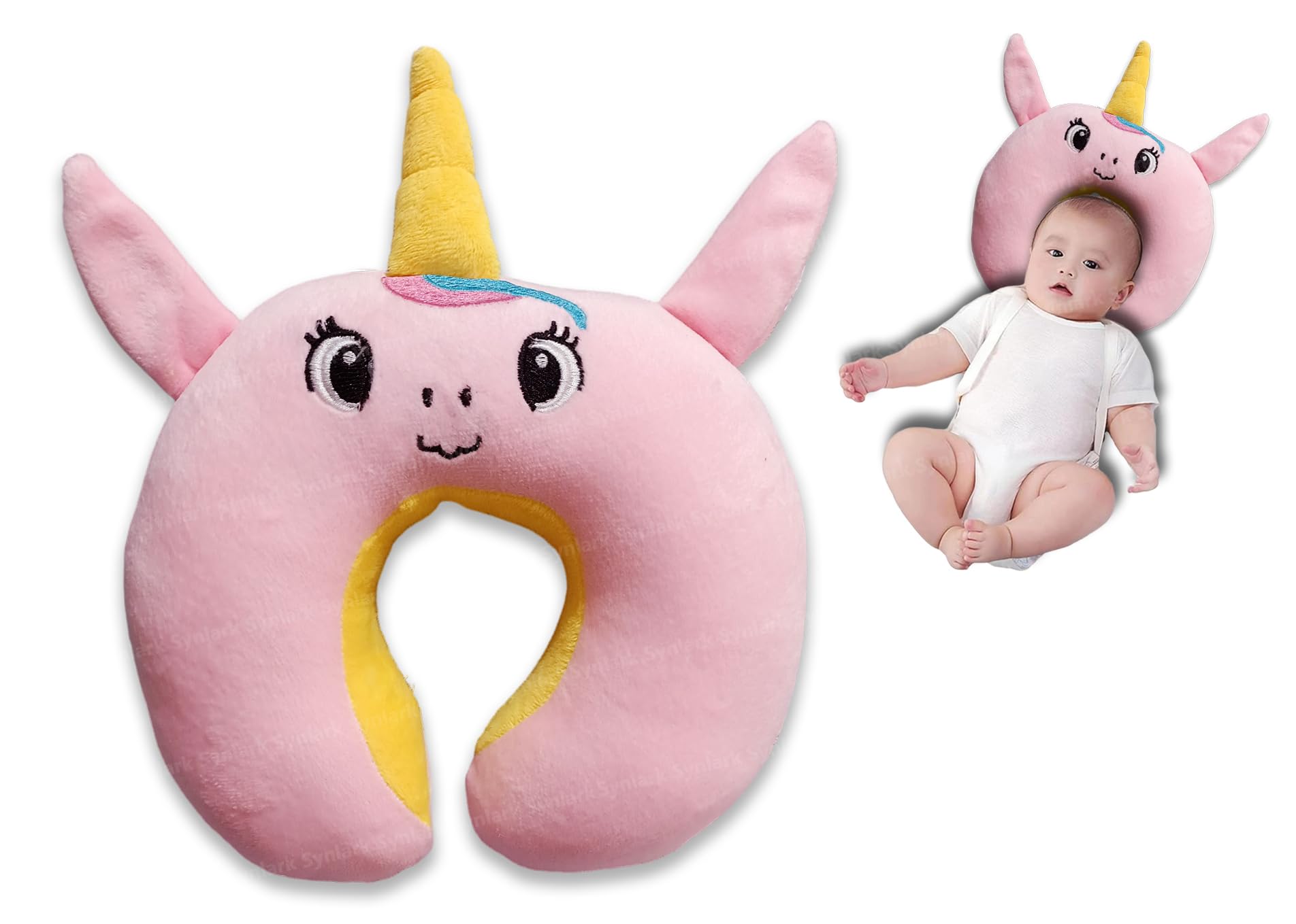 Synlark® U-Shape Unicorn Design New Born Baby Head Shaping/Neck Support Sleeping Pillow (0-6 Months) (Pink)