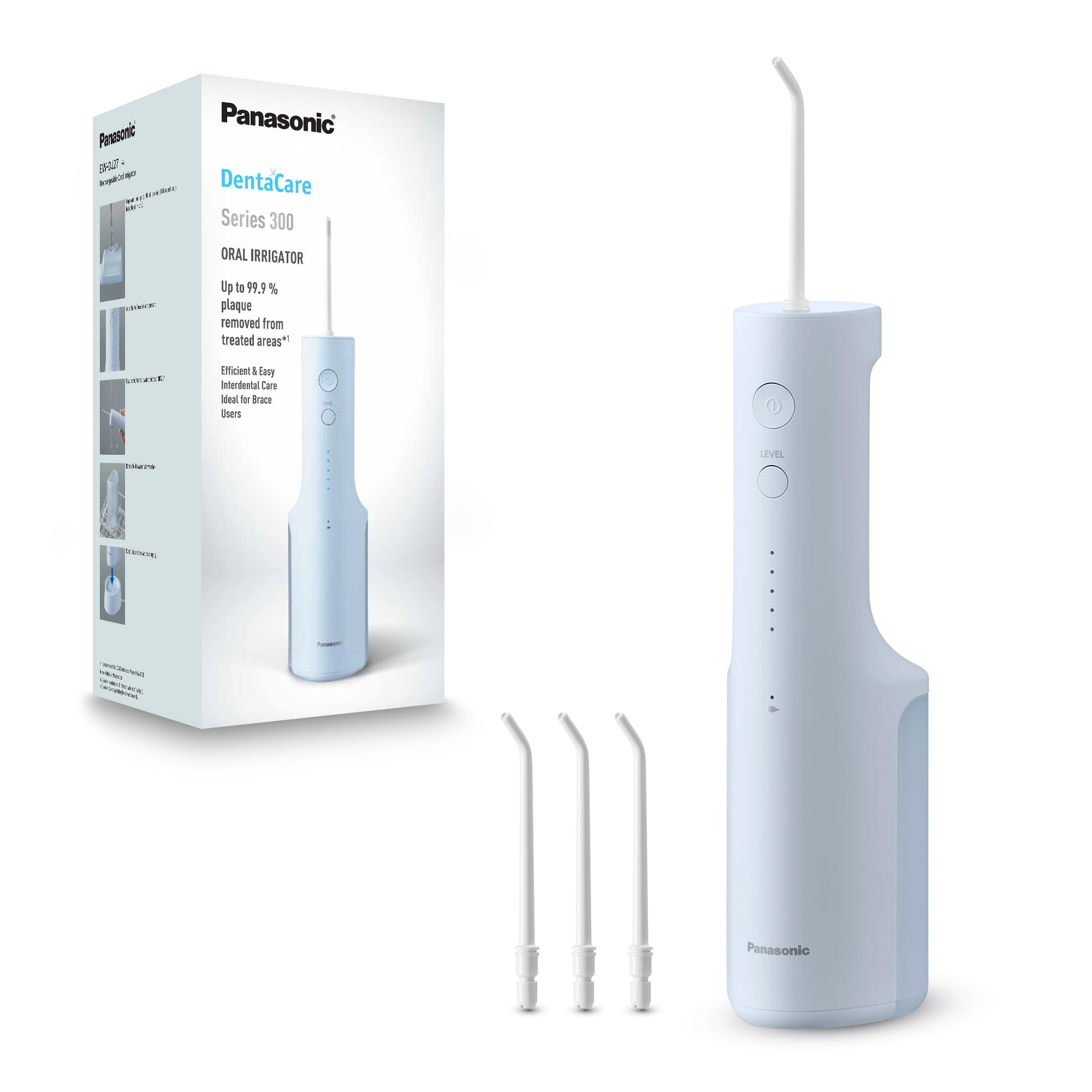 PanasonicSeries 300 Oral Irrigator EW-DJ27-A311, Water Flosser for Teeth, 200ml, IPX7, 4 Regular Nozzles, 5 Pressure Settings, Travel Accessory, Blue