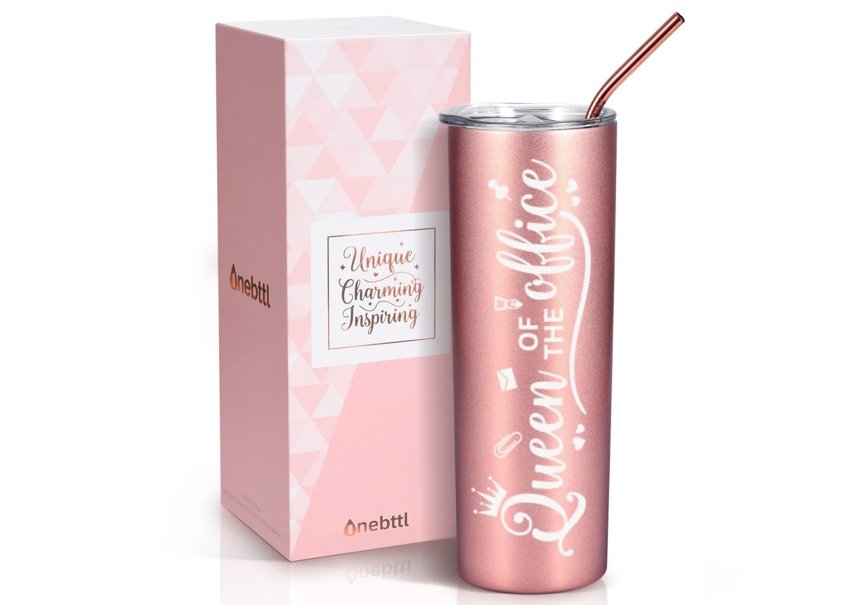 OnebttlSecretary Gifts for Woman, Funny Administrative Professional Day Gifts for Appreciation, Christmas, Birthday, 20oz Stainless Steel Insulated Skinny Tumbler - Queen of the Office RoseGold