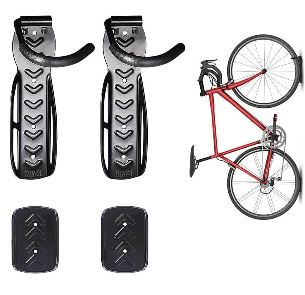 DIRZA Bike Wall Mount Rack with Tire Tray - Vertical Bike Storage Rack for Indoor,Garage,Shed - Easy to install - Great for Hanging Road,Mountain or Hybrid Bikes - Screws Included - 2 Pack