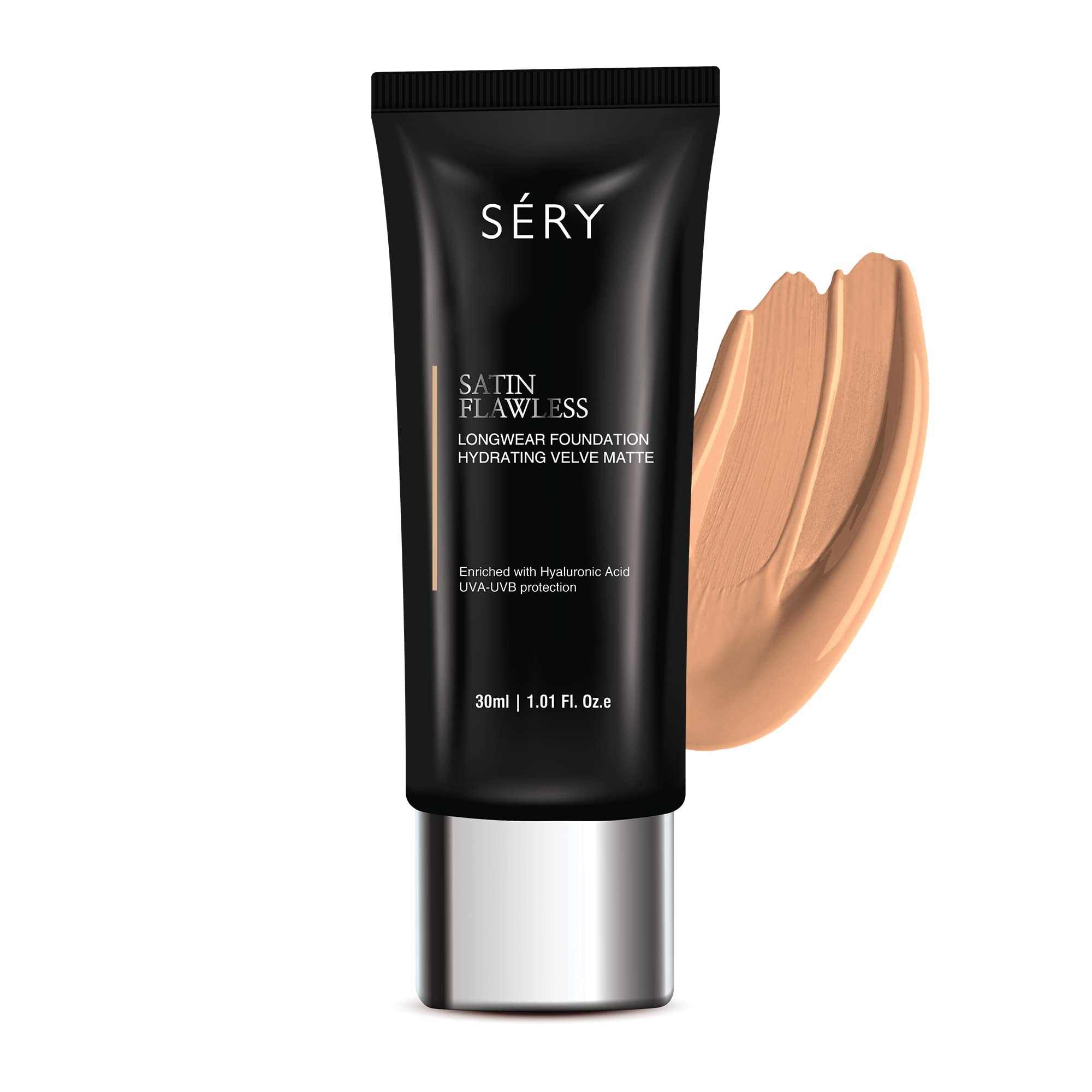 SERY Satin Flawless Longwear Foundation| Velvety finish, Medium coverage, Light Weight, Oil free Moisturizing effect, UVA-UVB filters, Suitable For All Skin Types|Medium, 30 ml