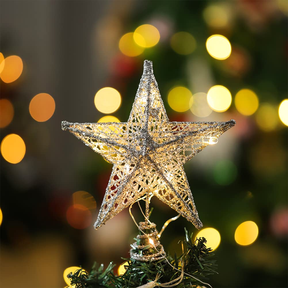 Qivange Christmas Tree Topper Star Glittered Shiny Star Tree Topper Christmas Treetop Decoration Christmas Tree Traditional Lighting Ornament Fit for General Size Christmas Tree Silver Color