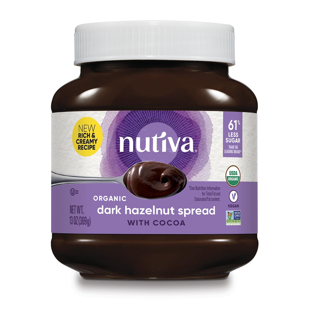 Nutiva Organic Vegan Hazelnut Spread, Dark, 13 Oz, USDA Organic, Non-GMO, Fair Trade & Sustainably Sourced, Vegan & Gluten-Free, Plant-Based Spread with Less Sugar