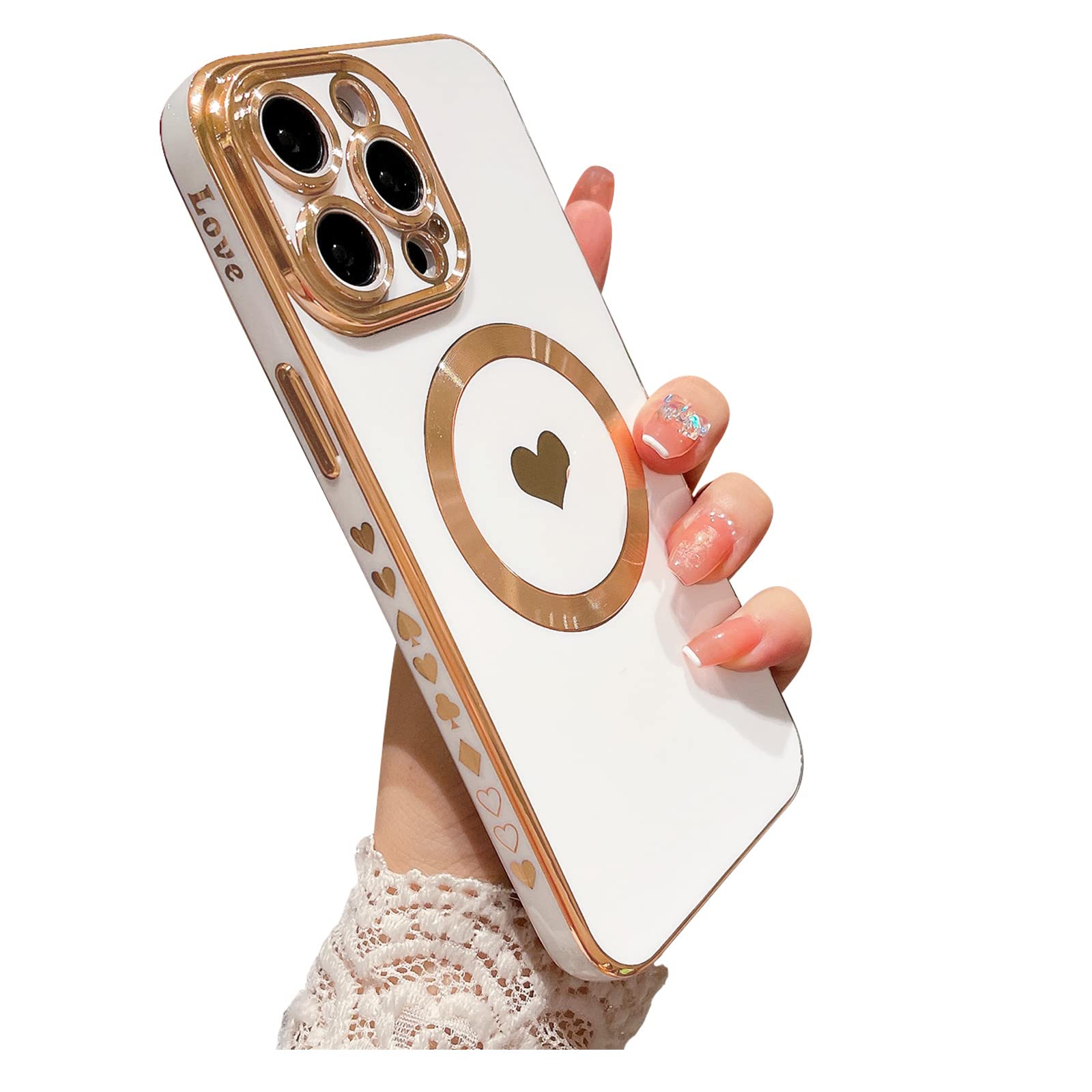 Weonmov Magnetic Case for iPhone 14 Pro Max Case for Women Men [ Compatible with MagSafe ], Cute Love Heart Soft Back Cover Raised Full Camera Lens Protection Phone Case (6.7") - White （Heart