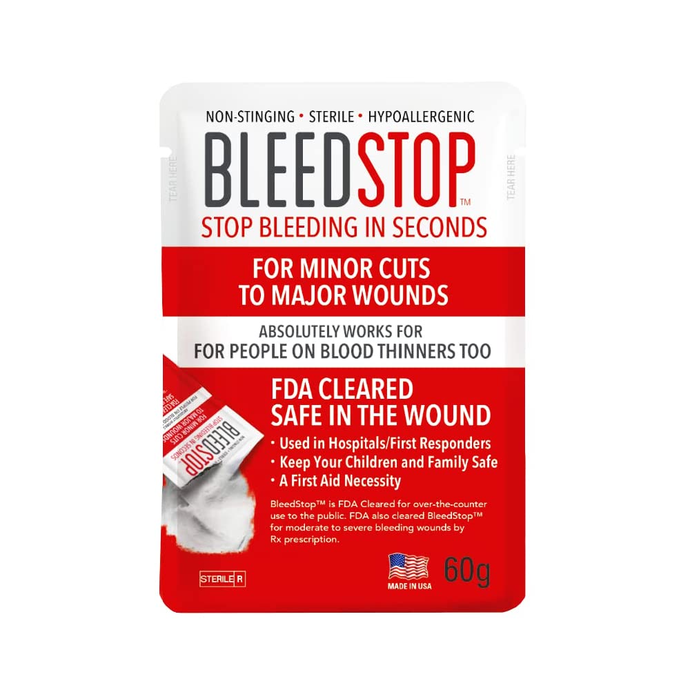 BleedStop™ First Aid Powder for Blood Clotting, Trauma Kit, Blood Thinner Patients, Camping Safety, and Survival Equipment for Moderate to Severe Bleeding Wounds or Nosebleeds - 1 (60g) Pouch