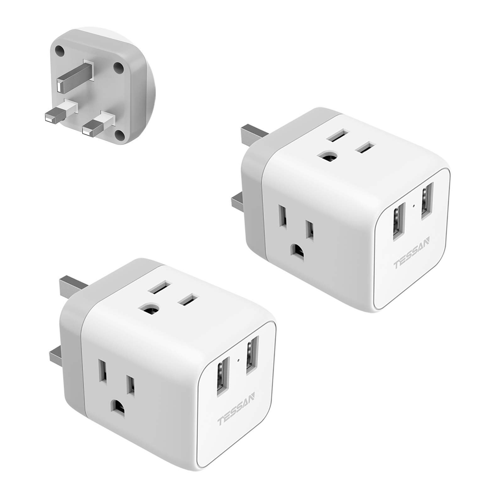 TESSAN UK Travel Plug Adapter, US to UK Ireland Power Adapter 2 Pack, Type G Adapter and Converter with 3 Outlets and 2 USB Ports, USA to England Scotland London British Irish Plug Adaptor