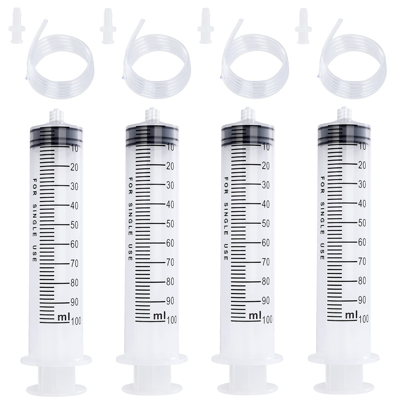 Kikhope 4 Pack 100ml Syringes, Large Plastic Syringe with 40inch Handy Plastic Tubing and Luer Connections for Scientific Labs, Watering, Feeding, Refilling, Injecting, Drawing Oil, Fluid and Water