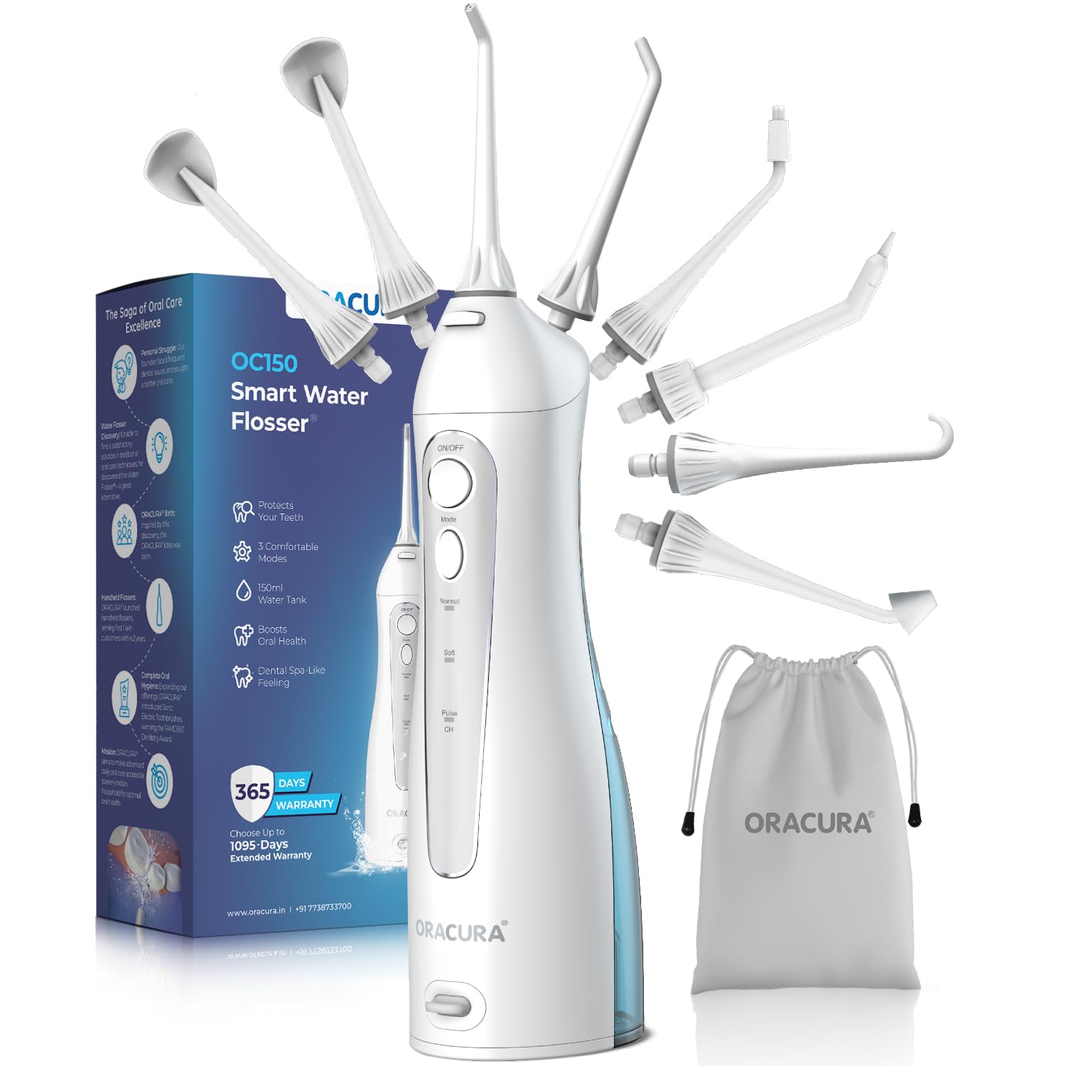 ORACURA® OC150 Dental PRO Smart Water Flosser® White | 18+6 Months Warranty | 150ml water tank capacity | 3 Modes | IPX7 Waterproof