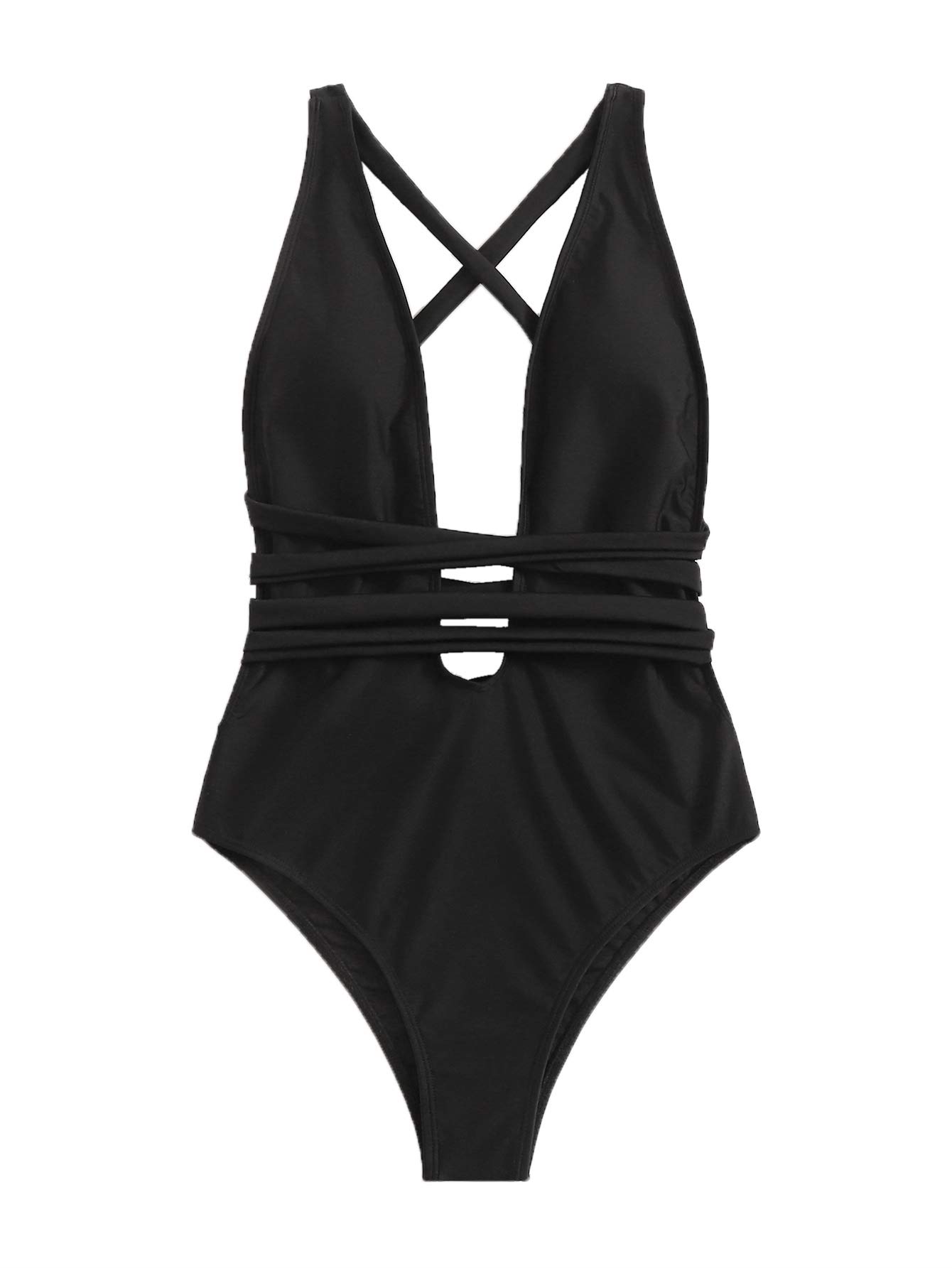 SweatyRocks Women's Sexy Basic Criss Cross Tie Knot Front Deep V Open Back One Piece Swimwear