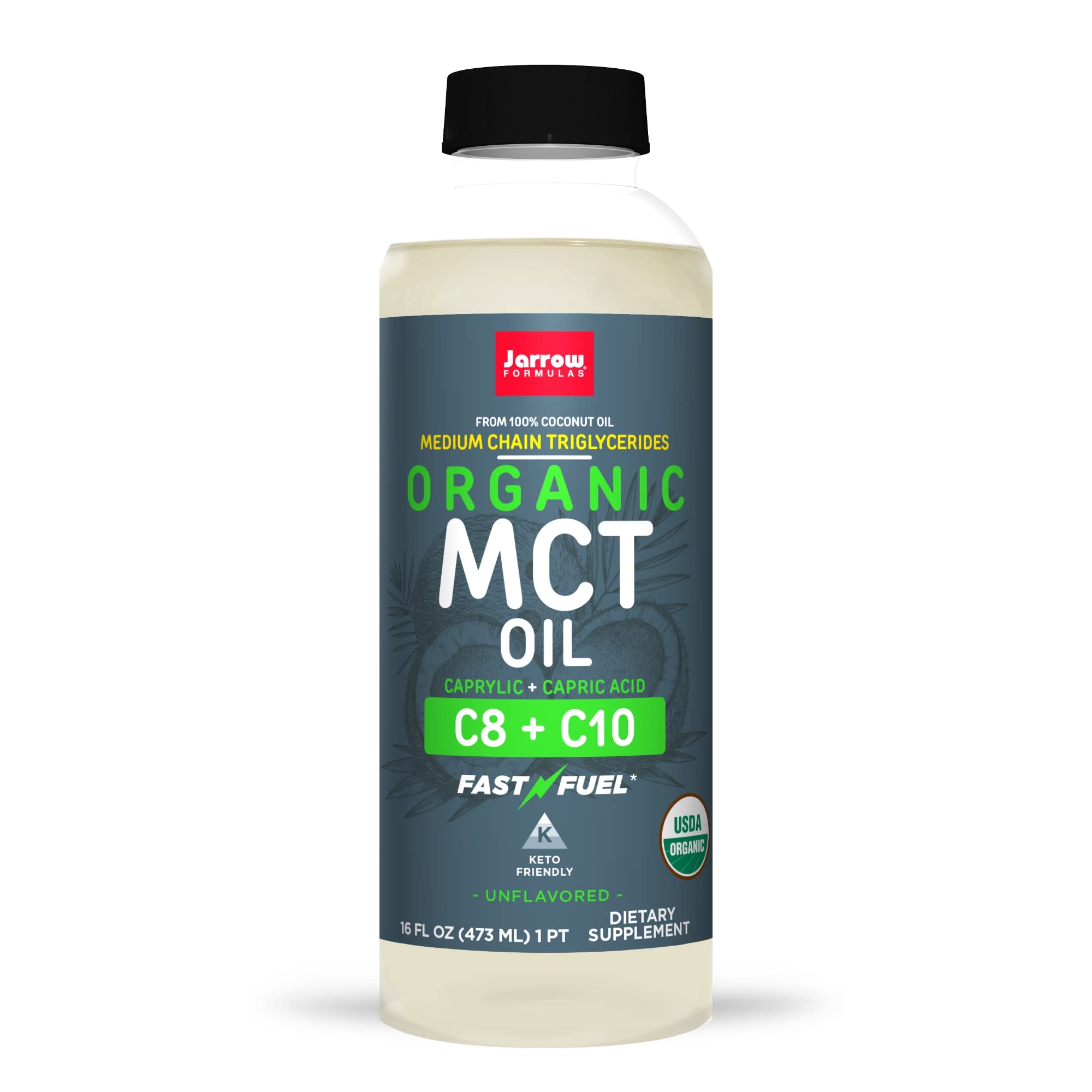 Jarrow Formulas Organic MCT Oil Fast Fuel for Brain & Muscles, Caprylic (C8) + Capric Acid (C10) Keto Friendly, Unflavored, Navy Blue, 16 Fl Oz