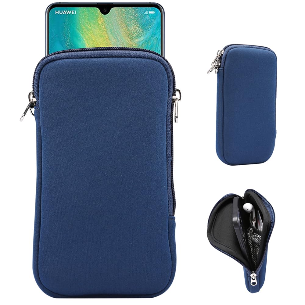 Neoprene Cell Phone Sleeve Pouch Case with Neck Lanyard for Samsung Galaxy S23 Ultra Note 20 S22 Ultra S21 Ultra S20 Plus A14 A03s iPhone 14 Pro Max Moto G Power 2022 G Stylus G 5G TCL 40XL (Blue)