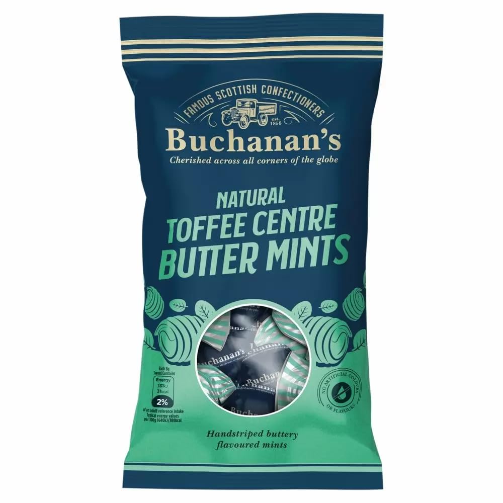 Buchanan's Assorted Mix - Luxurious Chocolate Caramels, Tasty Fruit Jellies, Classic Toffees collection (12, Natural Toffee Centre Butter Mints 140g)