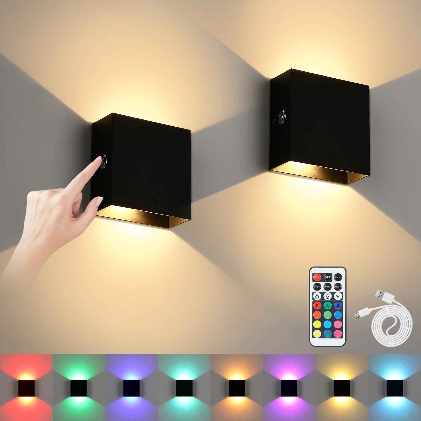 Colored Wall Sconces with Remote Set of 2, Rechargeable Wall Light Battery Operated, Black Up and Down Lighting Indoor for Hallway, LG9946734