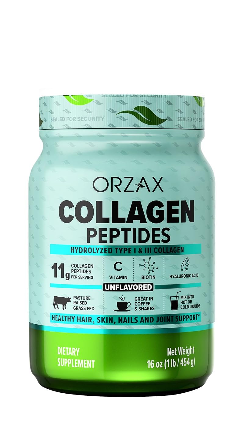 ORZAX Collagen Peptides Powder - 11 g Collagen Type I & III, Biotin & Hyaluronic Acid, 16 oz (Unflavored)