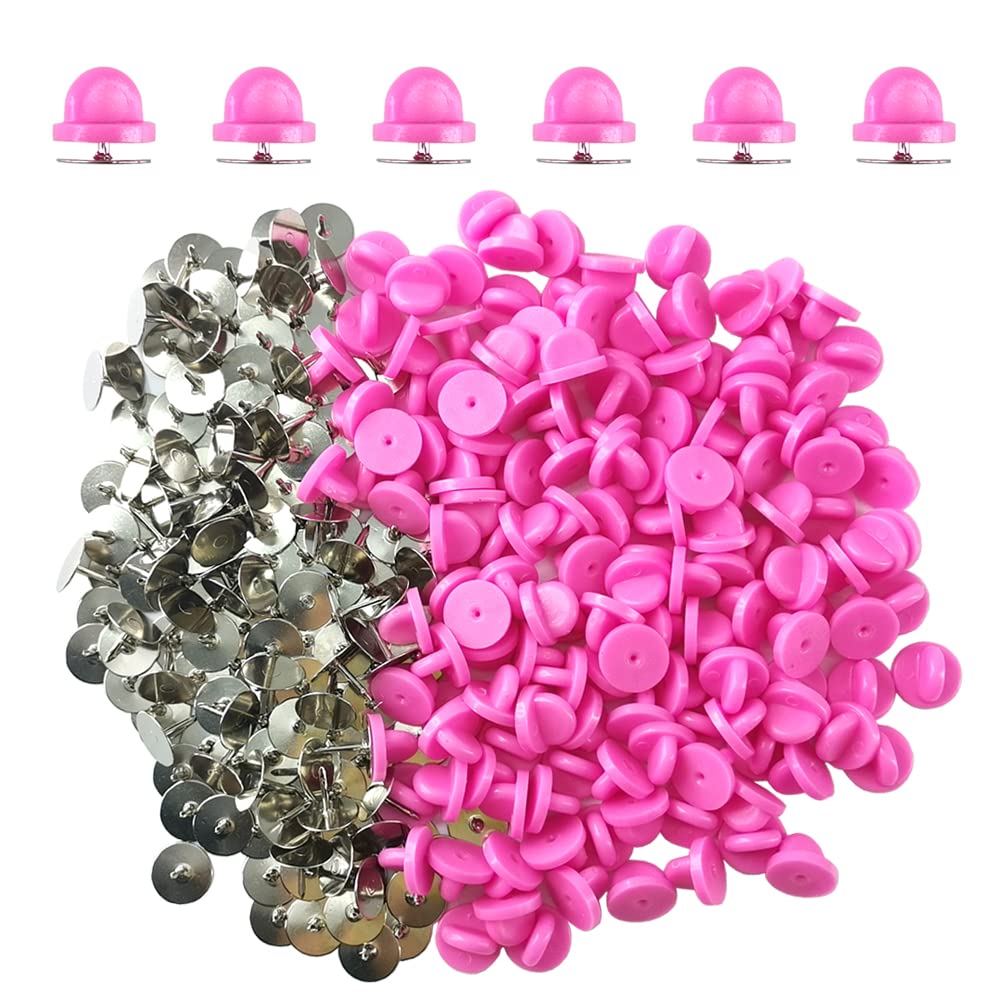 Ruidee 200 Pieces/100 Set Rubber Pin Backs with Tie Tacks Blank Pins, PVC Rubber Pin Back for Uniform Badges Backing Holder Clasp Lapel Pin (Pink)