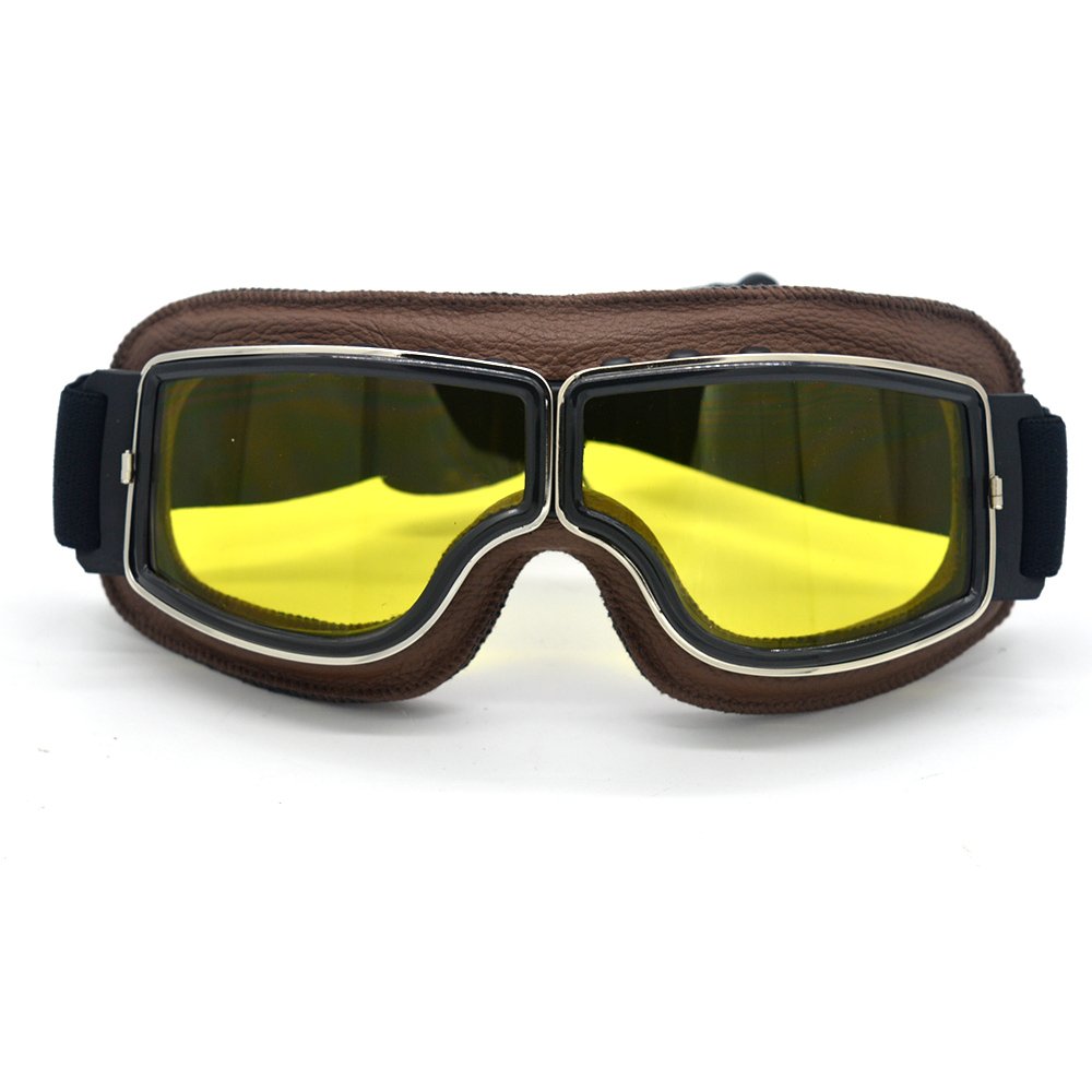 evomosa Leather Motocross Motorcycle ATV Off-Road Eyewear Snowboard Ski Bikes Helmet Goggles Glasses Sunglasses Sports Vintage Aviator Pilot Style Motorcycle Cruiser Scooter Goggle (Brown, Yellow)